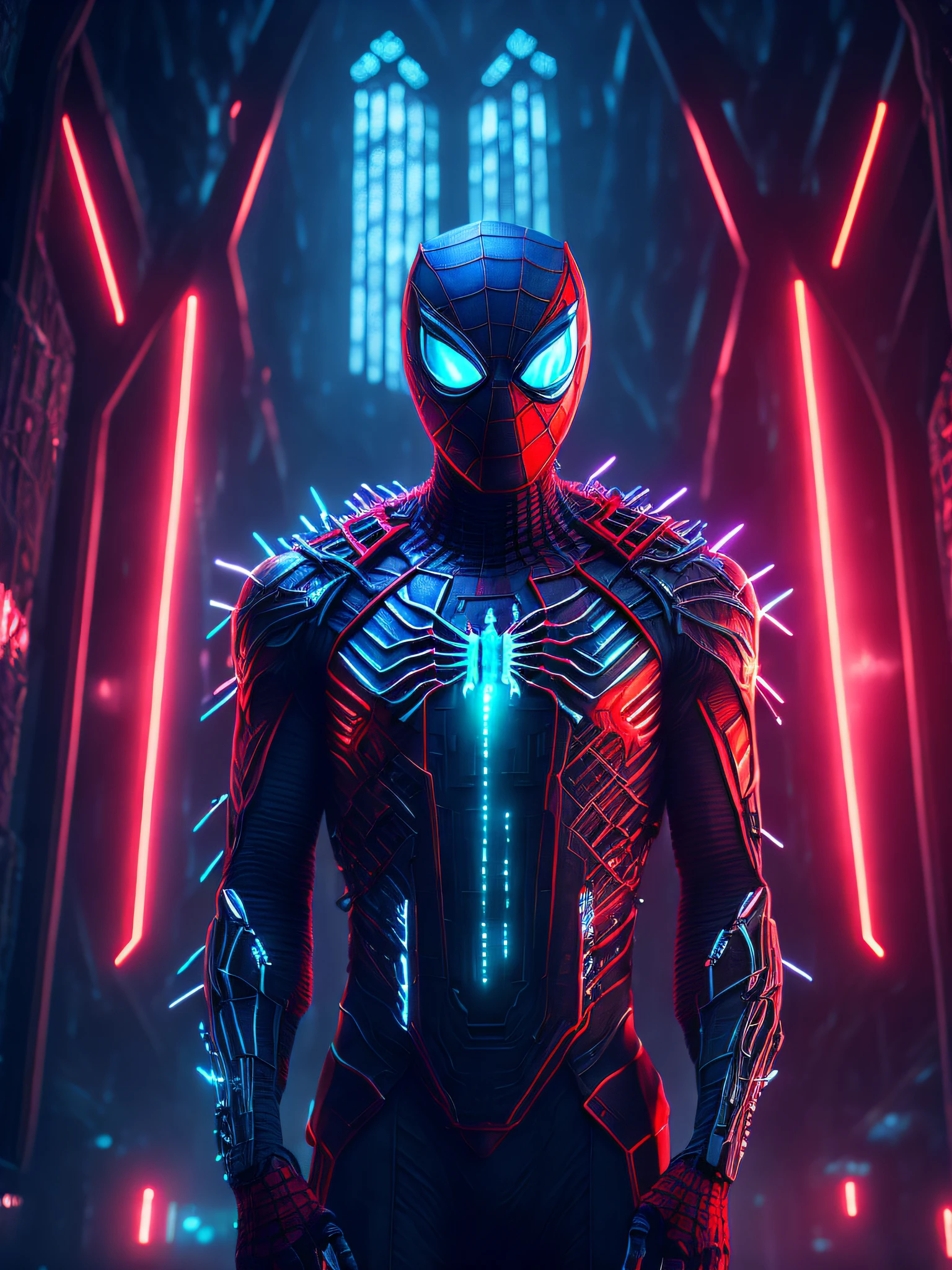 gloomy portrait of Terminator Spider-Man with intricate angular cybernetic implants inside a brutalist building, gothic brutalist cathedral, cyberpunk, award-winning photo, bokeh, neon lights, cybernetic limb