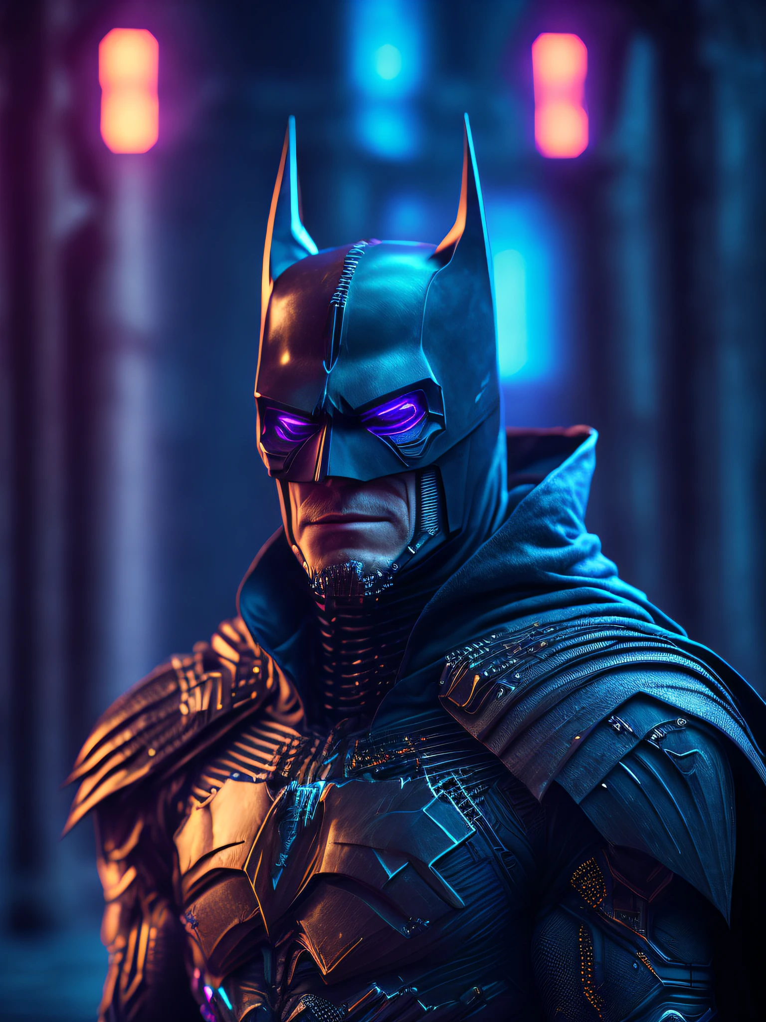 grim portrait of Terminator Batman with intricate angular cybernetic implants inside a brutalist building, gothic brutalist cathedral, cyberpunk, award-winning photo, bokeh, neon lights, cybernetic limb