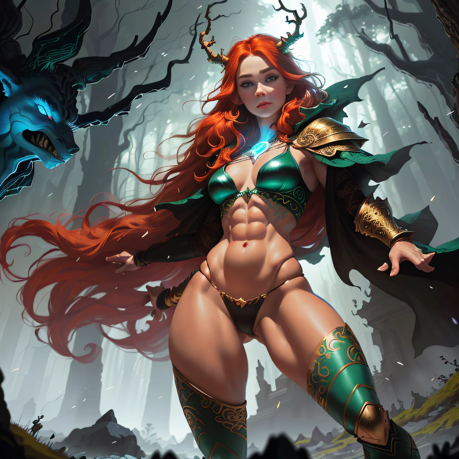 hand drawn sketch illustration of a beautiful dnd ifreet djinn girl with flaming red hair, blue eyes, symmetrical antlers, blue skin, leather armor with freckles and bright striking blue eyes posing for a photo,full body, bare shoulders, muscular, fit, defined abs, thongs, (prominent cameltoe) white freckles, long flowing green hair flying, glowing radiance, beautiful pale makeup, color portrait, stunning portrait, elegant freckles, wearing black thongs with glowing runes of power, black gloves, star-shine, gold dust spread across her skin and her face, (dark, hyper-realistic photos (((portrait))) refraction ,Dark background of magical night forest, deep woods, towering ruins, starlight skies, A mystical and epic landscape, featuring a fantastical and surreal world of floating islands, giant trees, and mythical creatures, that transport the viewer to a world of imagination and wonder, artstation, digital art, intricate, trending, bright colors suitable for viewing in public places