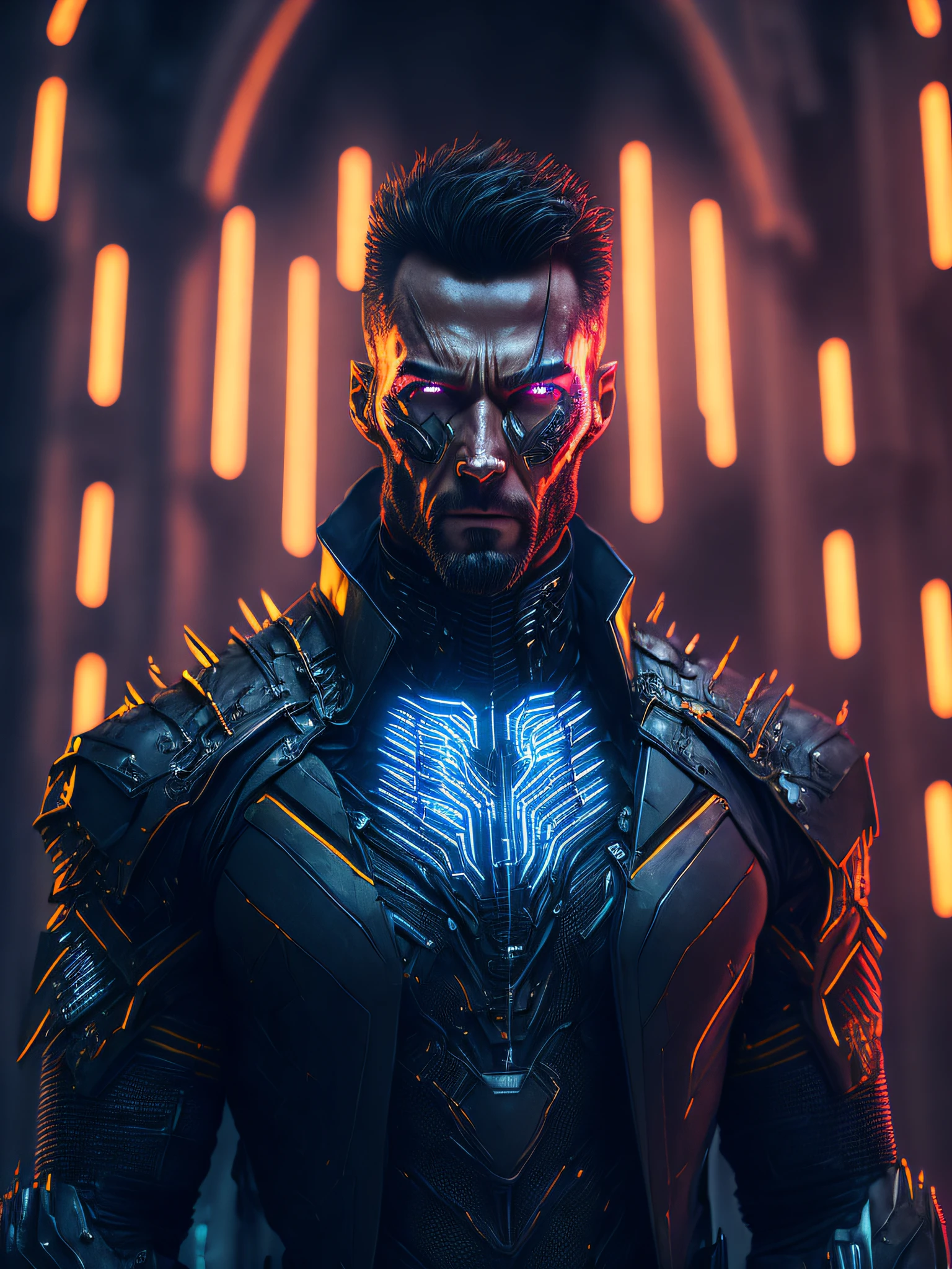 gloomy portrait of Terminator Wolverine from Marvel with intricate angular cybernetic implants inside a brutalist building, gothic brutalist cathedral, cyberpunk, award-winning photo, bokeh, neon lights, cybernetic limb