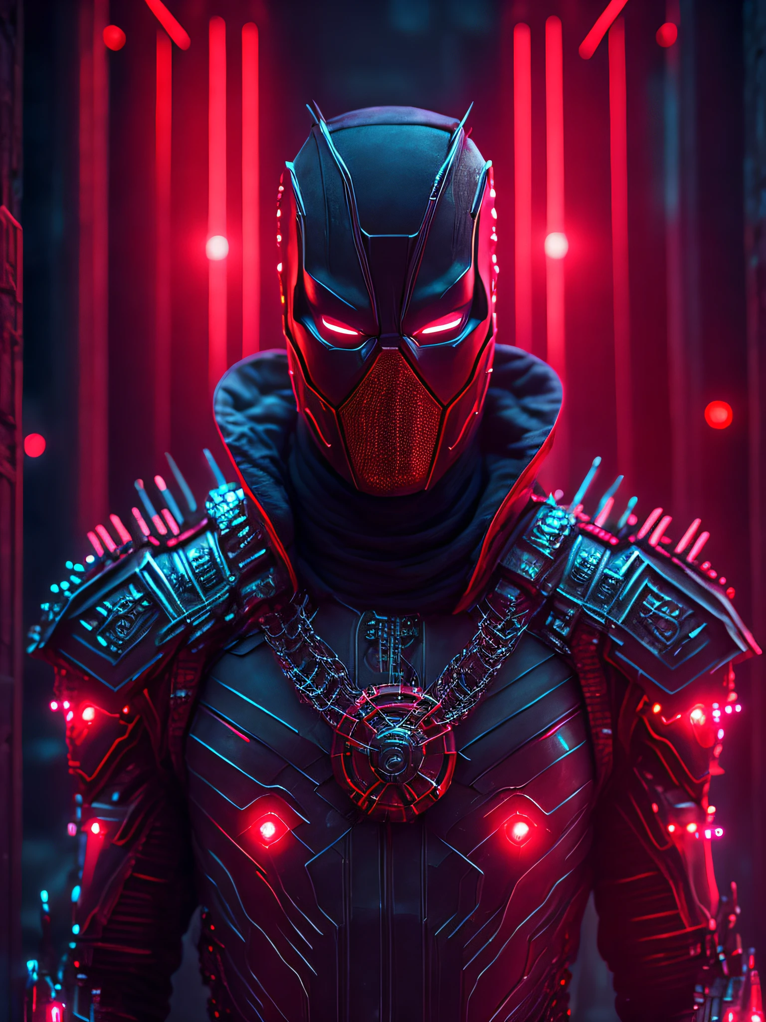 somber portrait of Evil Terminator Deadpool with intricate angular cybernetic implants inside a brutalist building, gothic brutalist cathedral, cyberpunk, award-winning photo, bokeh, neon lights, cybernetic limb
