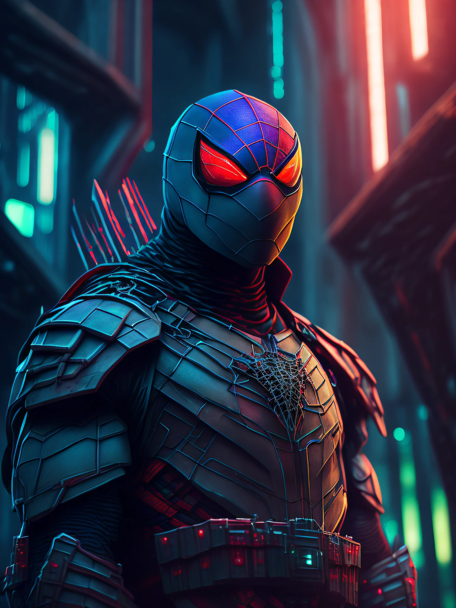somber portrait of Teenage Mutant Ninja Turtles Spider-Man with intricate angular cybernetic implants inside a brutalist building, gothic brutalist cathedral, cyberpunk, award-winning photo, bokeh, neon lights, cybernetic limb