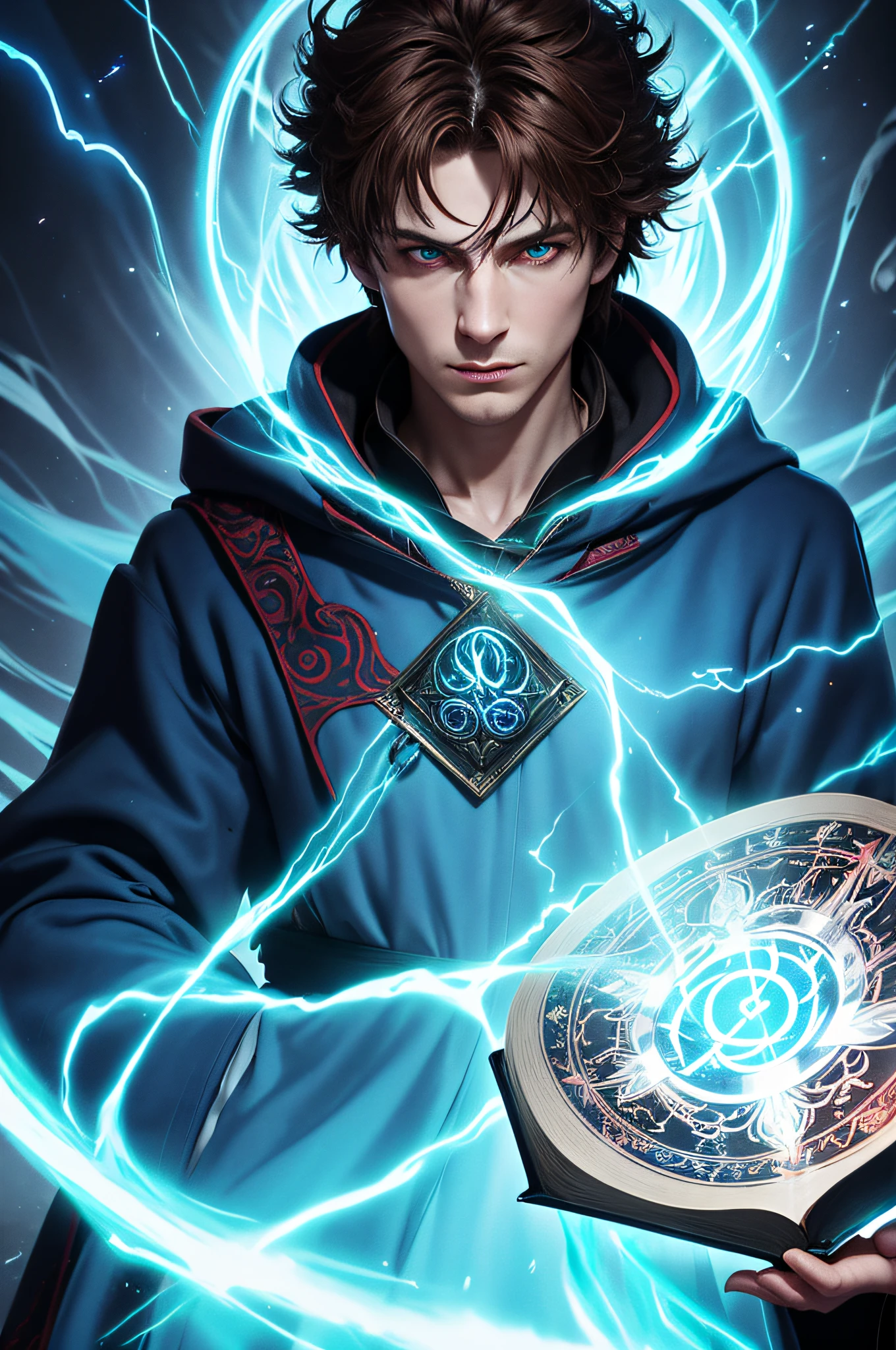 Photorealistic, (masterpiece:1.2), concept art, intricate details, highly detailed,
(1man, thin adult male:1.2), aquamarine eyes, brown hair, fade with sideburns,
(style-swirlmagic:0.8), looking at viewer, solo, half shot, detailed background, detailed face, (GlowingRunesAIV2_red, glowing runes theme:1.1) evil sorcerer, light blue magical robes, sinister smirk, crimson color scheme, dark scarlet light, summoning circle, evil book, dark atmosphere, shadows, realistic lighting, floating particles, sparks, surrounded by blue lightning summoning, green arcane symbols, corrupted by eldritch power, power-hungry eyes,