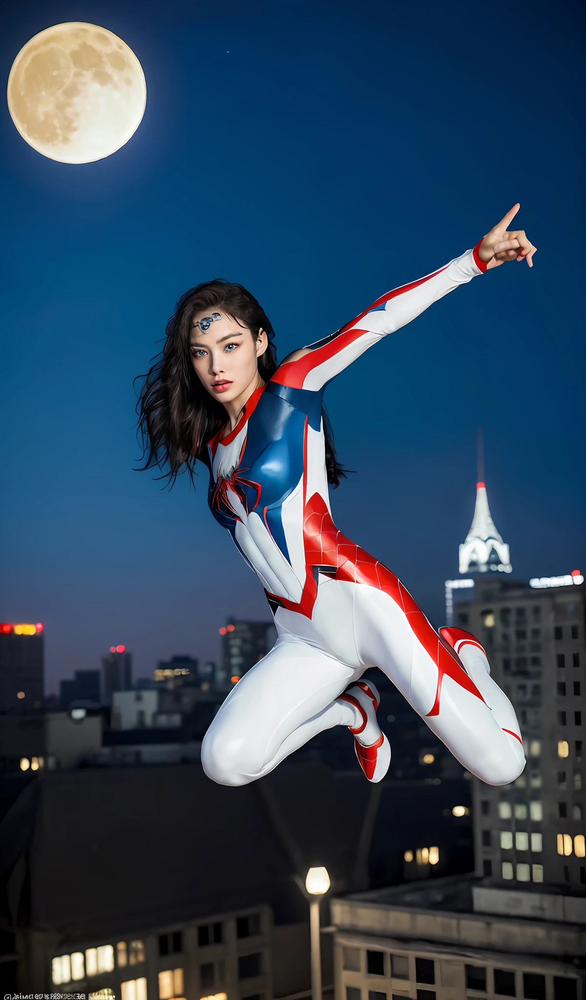 (Masterpiece, 4k resolution, ultra-realistic, very detailed), (White superhero theme, charismatic, there's a girl on top of town, wearing Spider-Man costume, she's a superhero), [ ((25 years), (long white hair:1.2), full body, (blue eyes:1.2), ((Spider-Man pose),show of strength, jumping from one building to another), ((sandy urban environment):0.8)| (cityscape, at night, dynamic lights), (full moon))] # Explanation: The Prompt mainly describes a 4K painting of ultra-high definition, very realistic, very detailed. It shows a superheroine at the top of the city, wearing a Spider-Man costume. The theme in the painting is a white superhero theme, the female protagonist has long white hair, is 25 years old and her entire body is shown in the painting. In terms of portraying the actions of superheroines, spiders are employed
