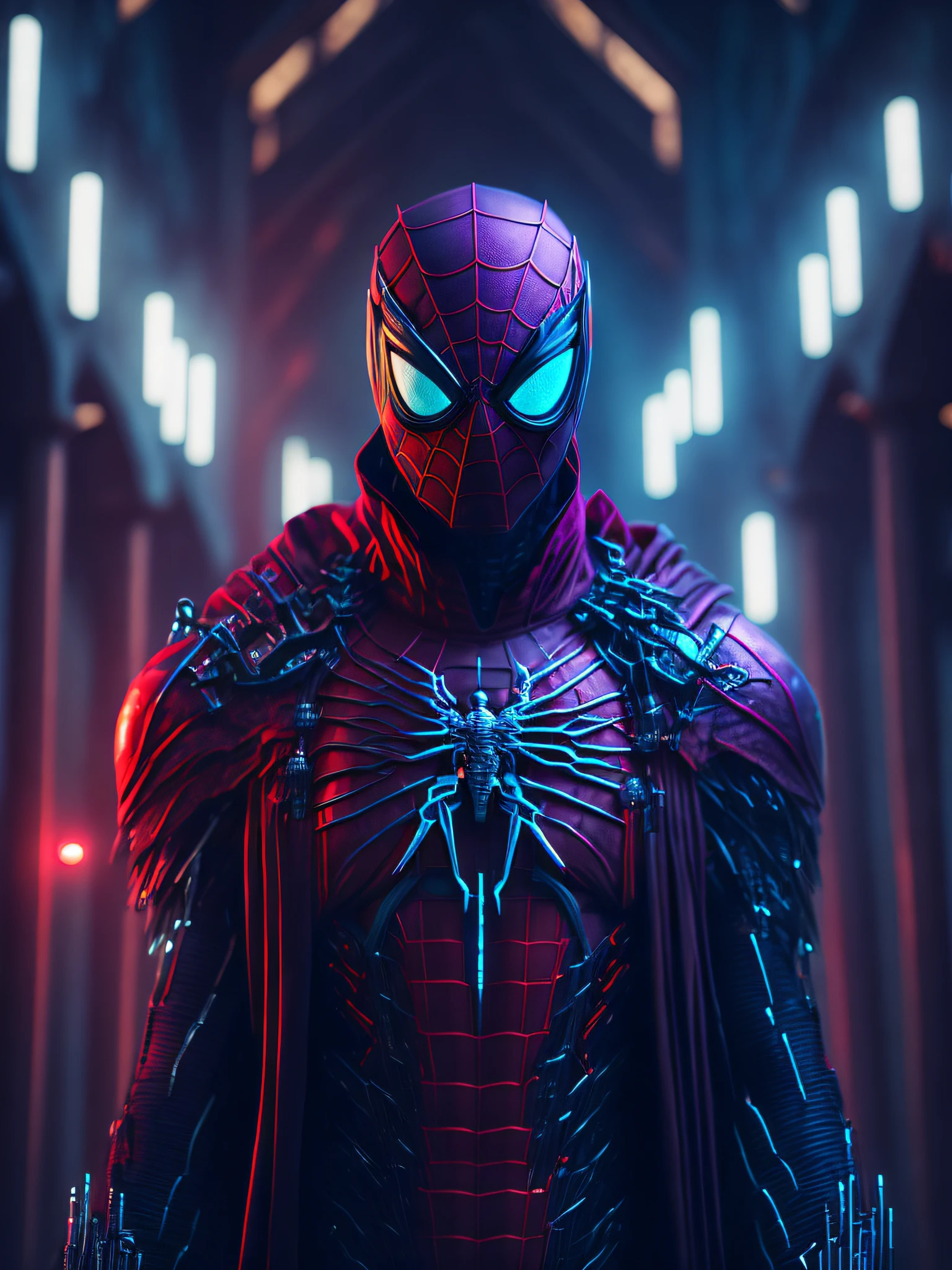 gloomy portrait of Evil Terminator Spider-Man with intricate angular cybernetic implants inside a brutalist building, gothic brutalist cathedral, cyberpunk, award-winning photo, bokeh, neon lights, cybernetic limb