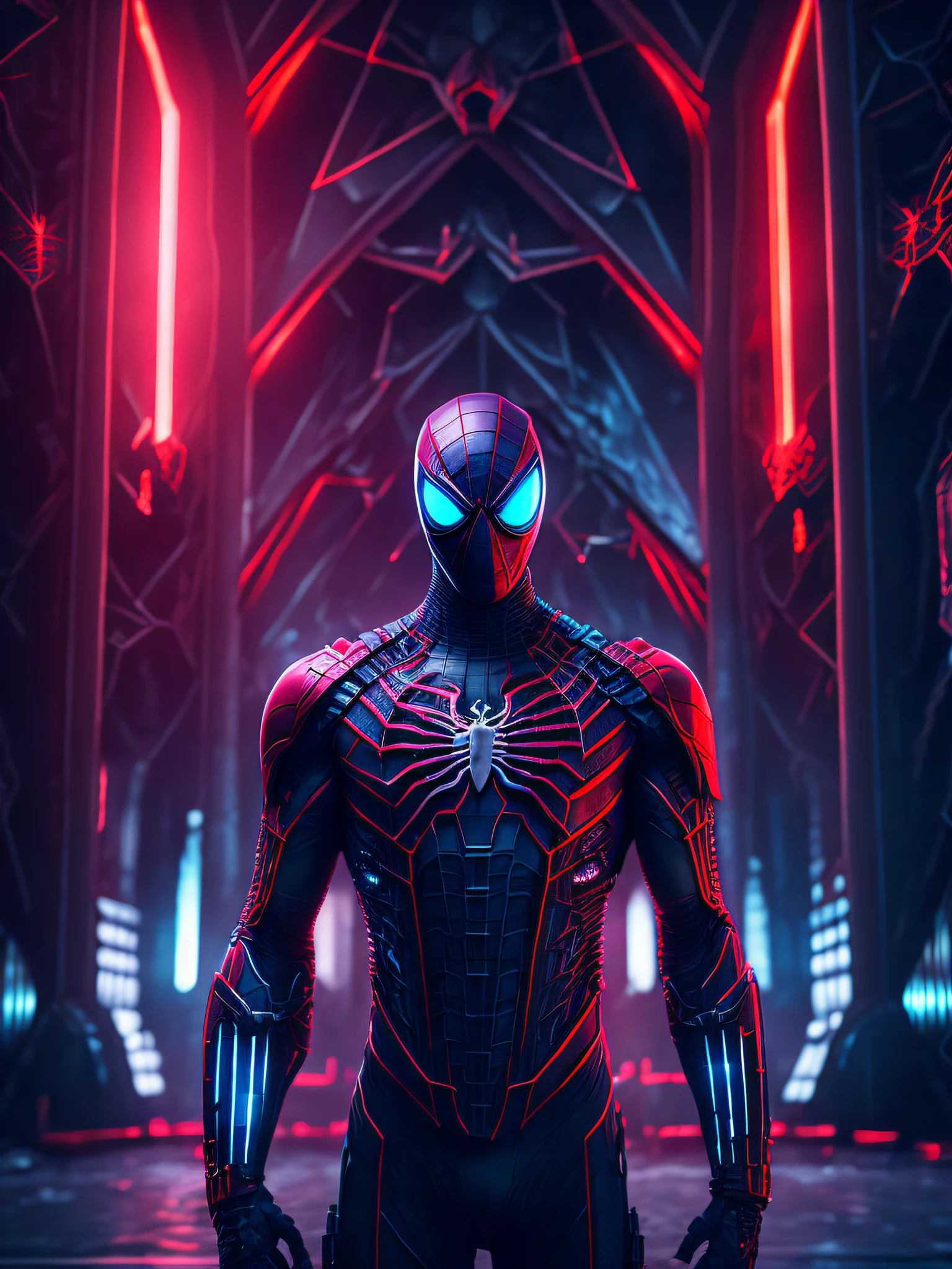 gloomy portrait of Evil Terminator Spider-Man with intricate angular cybernetic implants inside a brutalist building, gothic brutalist cathedral, cyberpunk, award-winning photo, bokeh, neon lights, cybernetic limb