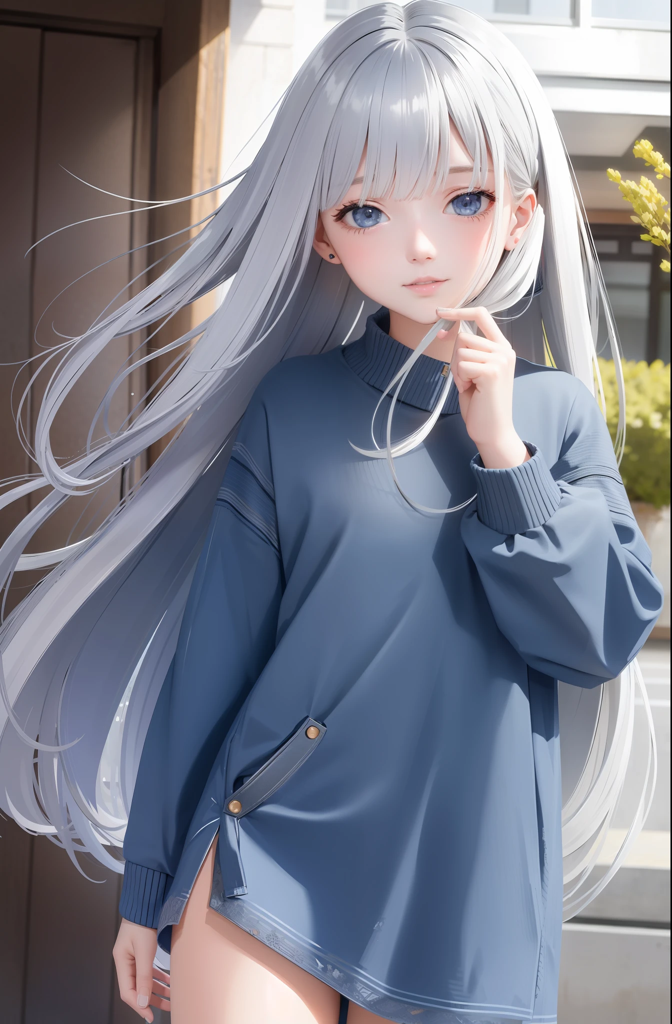 (Best Quality, Masterpiece: 1.1), (Realisticity: 1.4), 1girl, Denim lens, sweater, modern style, Deep view, large aperture, long hair