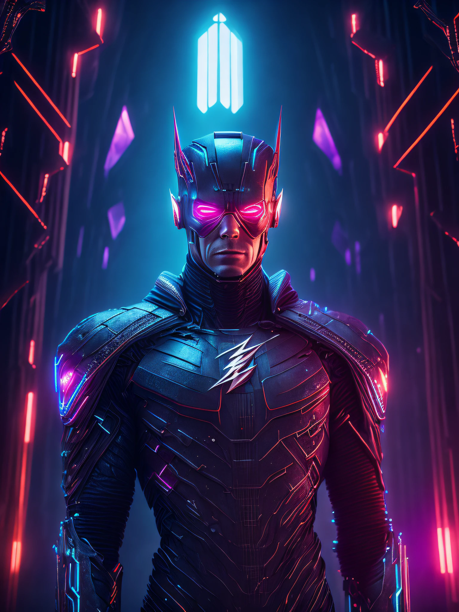 somber portrait of Terminator Flash with intricate angular cybernetic implants inside a brutalist building, gothic brutalist cathedral, cyberpunk, award-winning photo, bokeh, neon lights, cybernetic limb