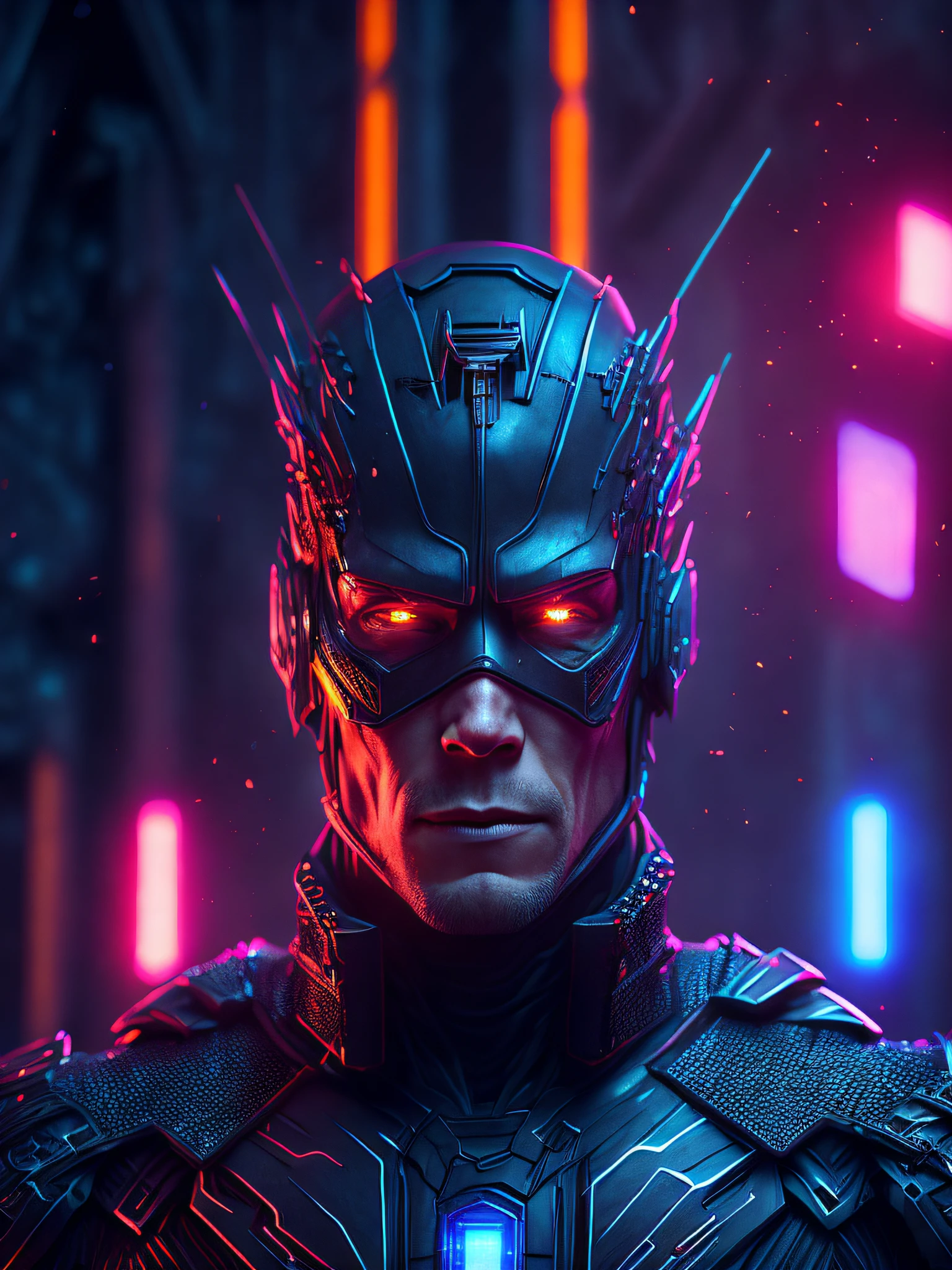somber portrait of Terminator Flash with intricate angular cybernetic implants inside a brutalist building, gothic brutalist cathedral, cyberpunk, award-winning photo, bokeh, neon lights, cybernetic limb