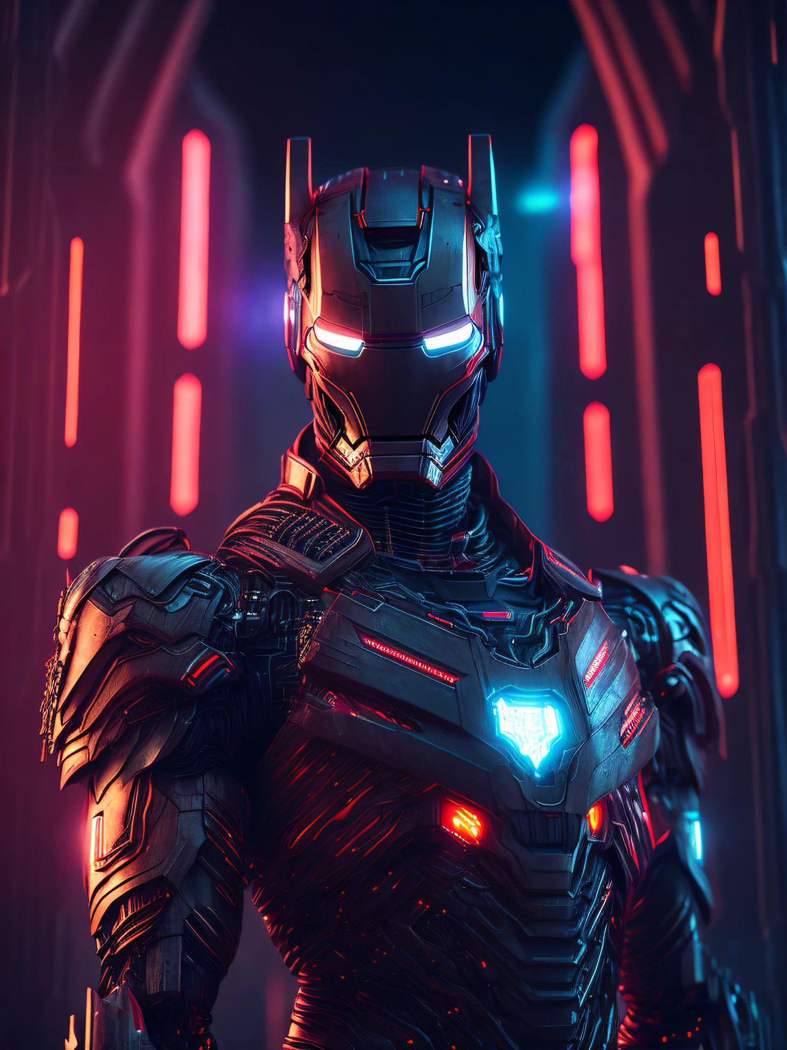 somber portrait of Terminator Iron Man with intricate angular cybernetic implants inside a brutalist building, gothic brutalist cathedral, cyberpunk, award-winning photo, bokeh, neon lights, cybernetic limb