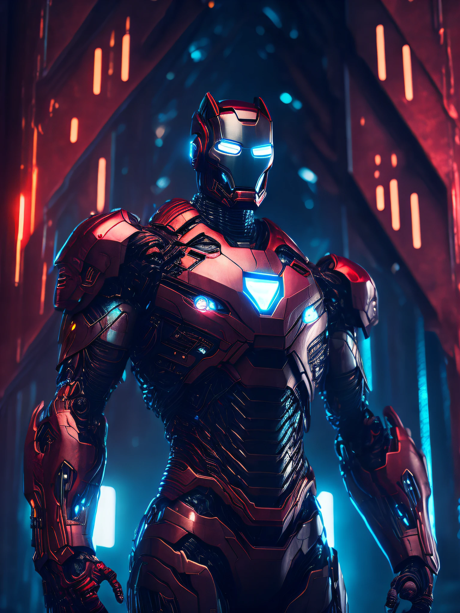 somber portrait of Terminator Iron Man with intricate angular cybernetic implants inside a brutalist building, gothic brutalist cathedral, cyberpunk, award-winning photo, bokeh, neon lights, cybernetic limb