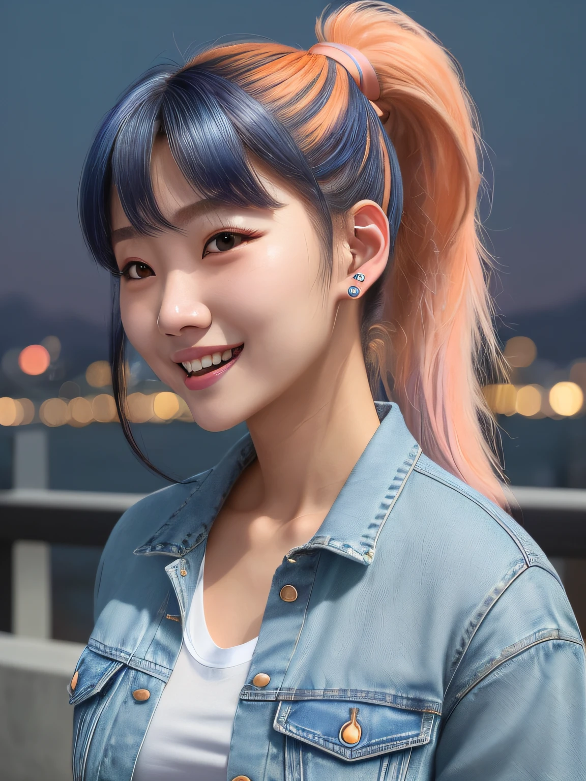 (masterpiece), [(4k, ultimate realistic detail, best image quality, best resolution, raytracing, unreal engine 5):1.2], [(has 2 balanced hair color:1.5), (hime-cut with simple ponytail dark blue hair color:1.8, and some part of of her hair color is pastel peach:1.8) hair color style by guy tang:1.8], (natural expressive laughing face:1.6), (a pretty Korean female teen:1.4), (half body shot), raytracing soft ambient light, (night sky with dramatic lowlight night korea city background:1.6), (wear classic white t-shirt and blue jeans denim jacket as the outer:1.4), (wears hot pants:1.2), good body proportion, (has some piercing in her ears and nose:1.6), precise features., Beautiful face, candid photo journalism, Waist up portrait, sharp bokeh uhd, gritty realistic, in focus low depth of field, 16mm film quality with grain, pantone analog style, Rim lighting, perfect color tones, (imperfect skin quality), skin blemishes, (freckles and skin pores:0.4), sharp fine details, Extremely detailed.