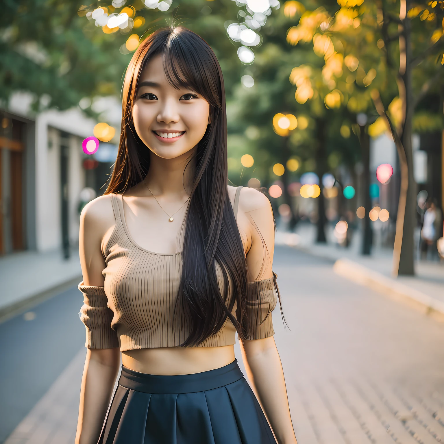23 years old beauty, top figure, 7 point photo, smiling, short skirt, long hair, real person, Asian girl, ZEISS lens on Sony A7R --auto --s2