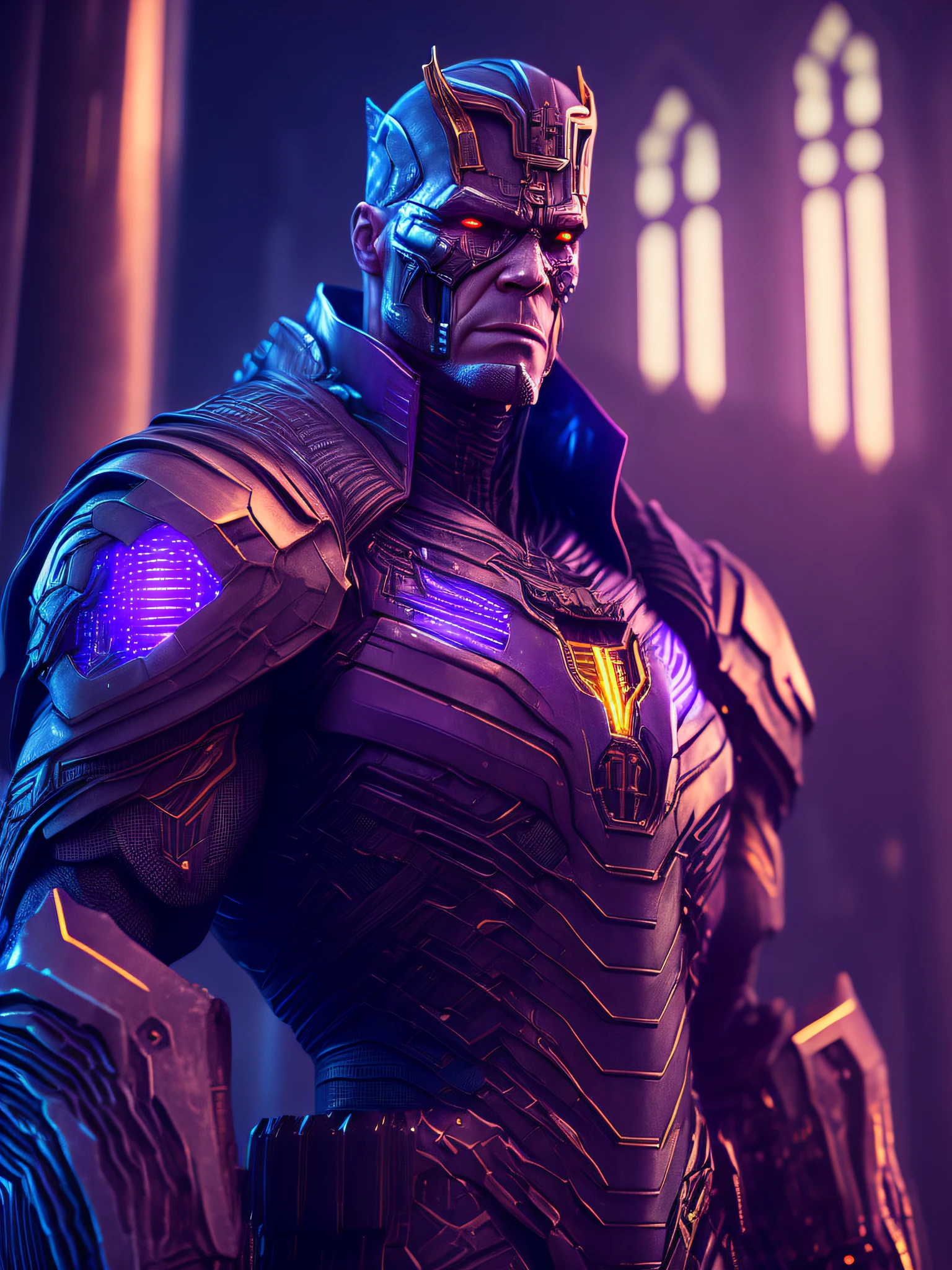 somber portrait of Terminator Thanos from Marvel with intricate angular cybernetic implants inside a brutalist building, gothic brutalist cathedral, cyberpunk, award-winning photo, bokeh, neon lights, cybernetic limb