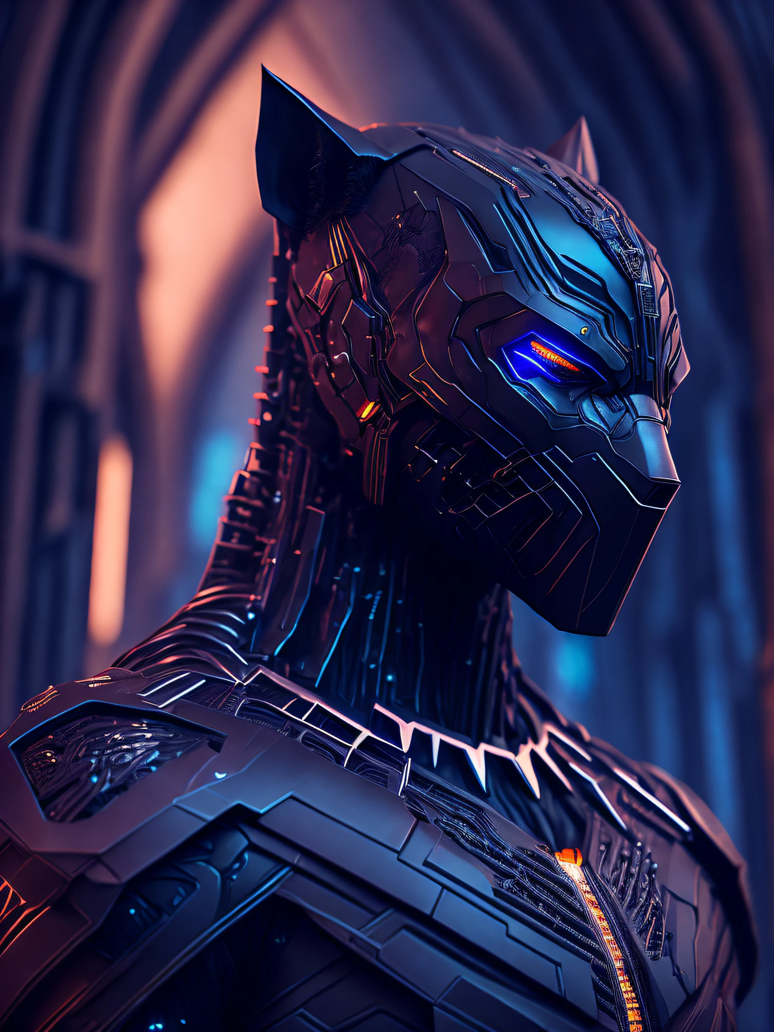 somber portrait of Terminator Black Panther from Marvel with intricate angular cybernetic implants inside a brutalist building, gothic brutalist cathedral, cyberpunk, award-winning photo, bokeh, neon lights, cybernetic limb