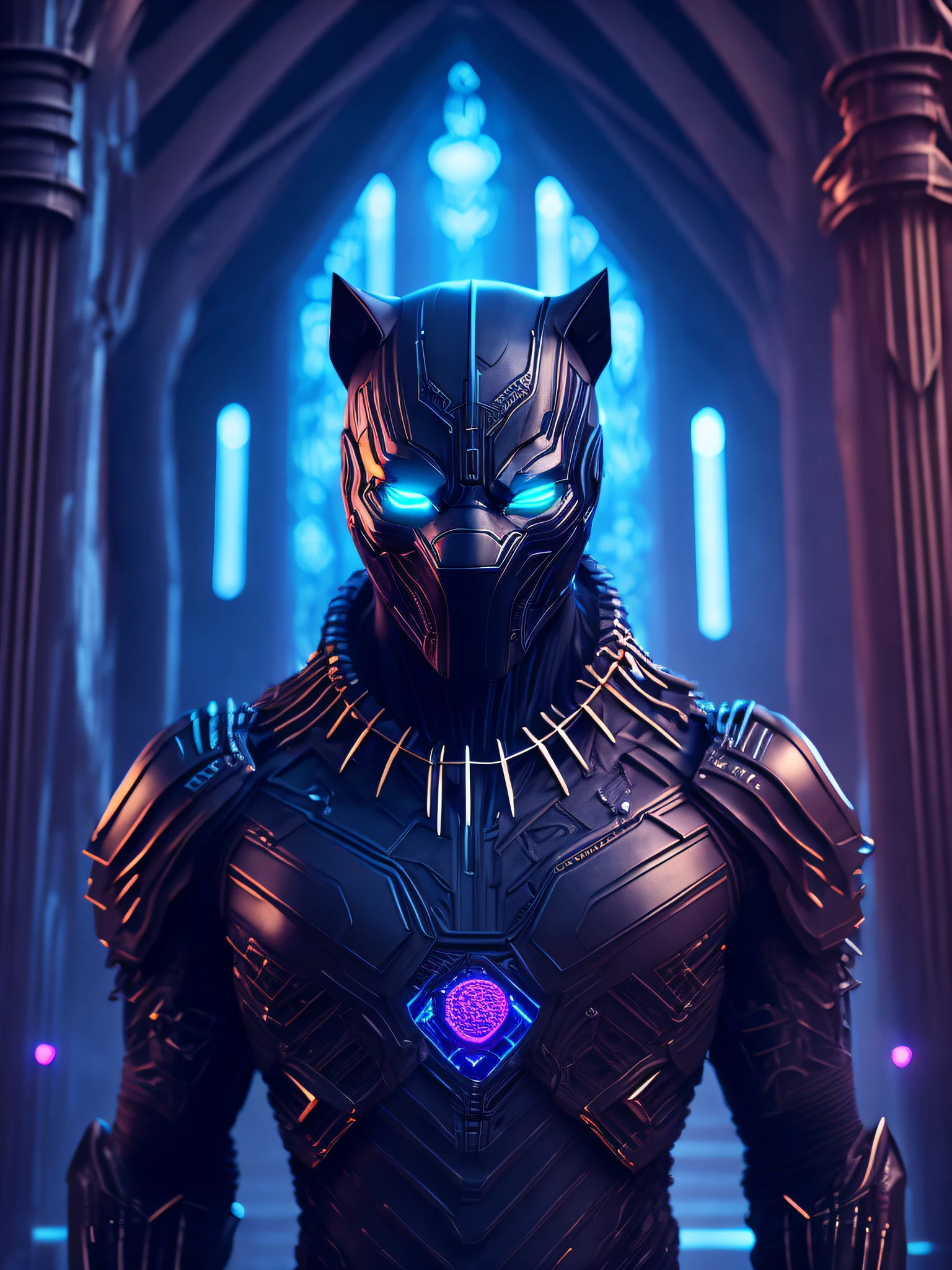 somber portrait of Terminator Black Panther from Marvel with intricate angular cybernetic implants inside a brutalist building, gothic brutalist cathedral, cyberpunk, award-winning photo, bokeh, neon lights, cybernetic limb