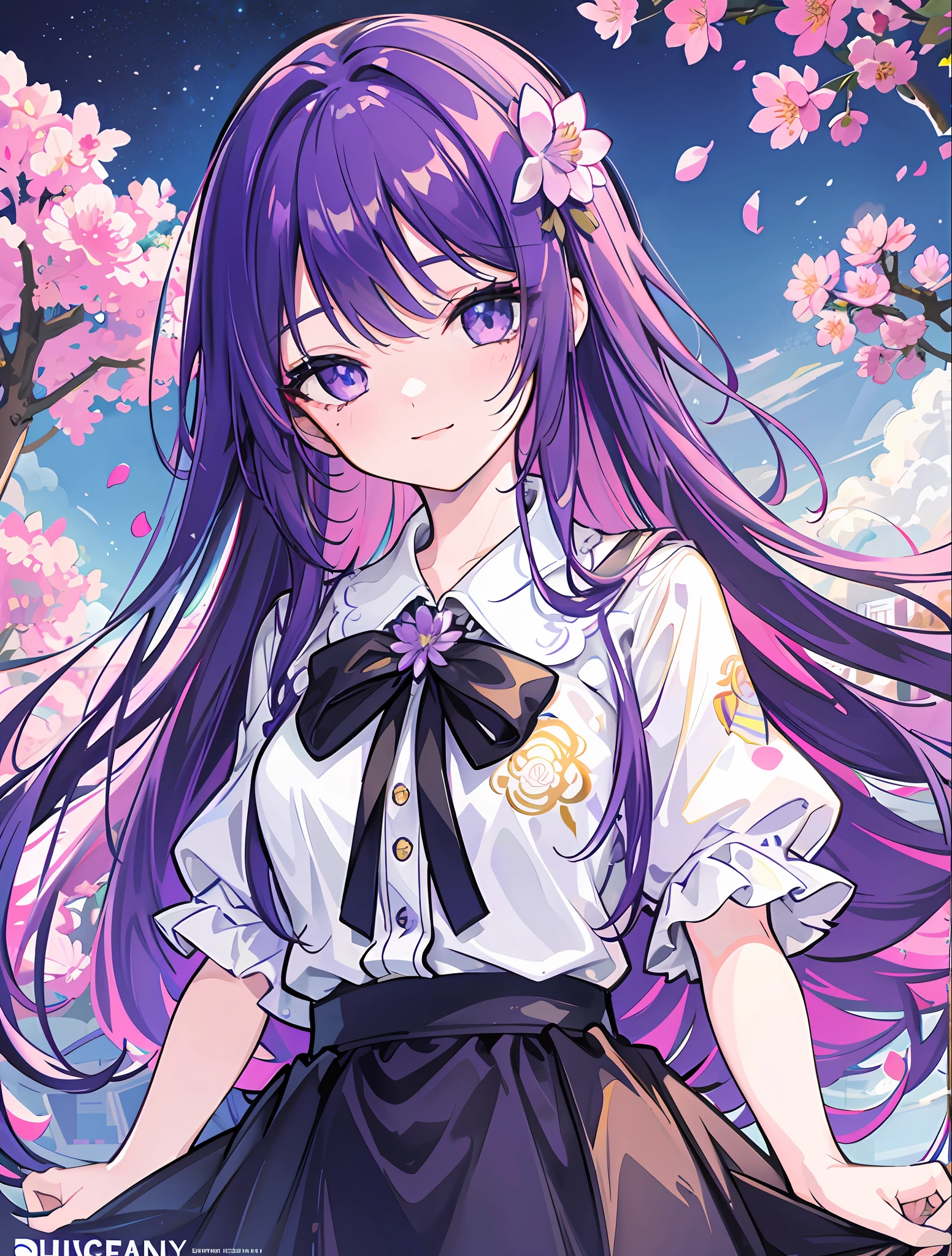 Masterpiece, Best Quality, 1girl, (Colorful), (Detailed Beautiful Eyes and Detailed Face), Movie Lighting,Bust Shot,Highly Detailed CG Unity 8k Wallpaper,Solo,Smiling,Intricate Skirt,((Flying Petals)),(Flower Meadow) sky, cloudy_sky, building, morning, water lilies, zen-like scenery, purple theme, night, clear sky, agave