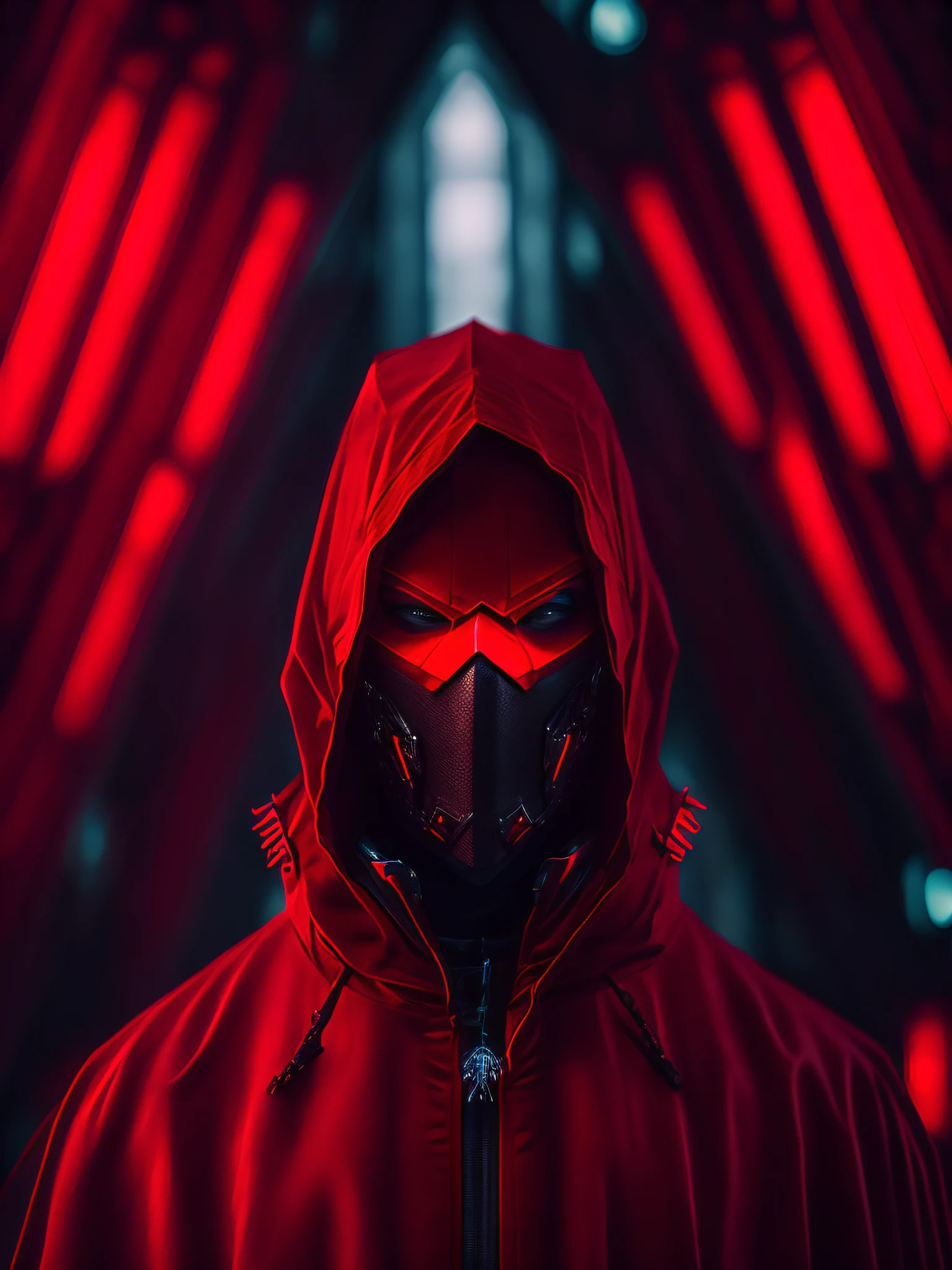 gloomy portrait of Red Hood from DC with intricate angular cybernetic implants inside a brutalist building, gothic brutalist cathedral, cyberpunk, award-winning photo, bokeh, neon lights, cybernetic limb
