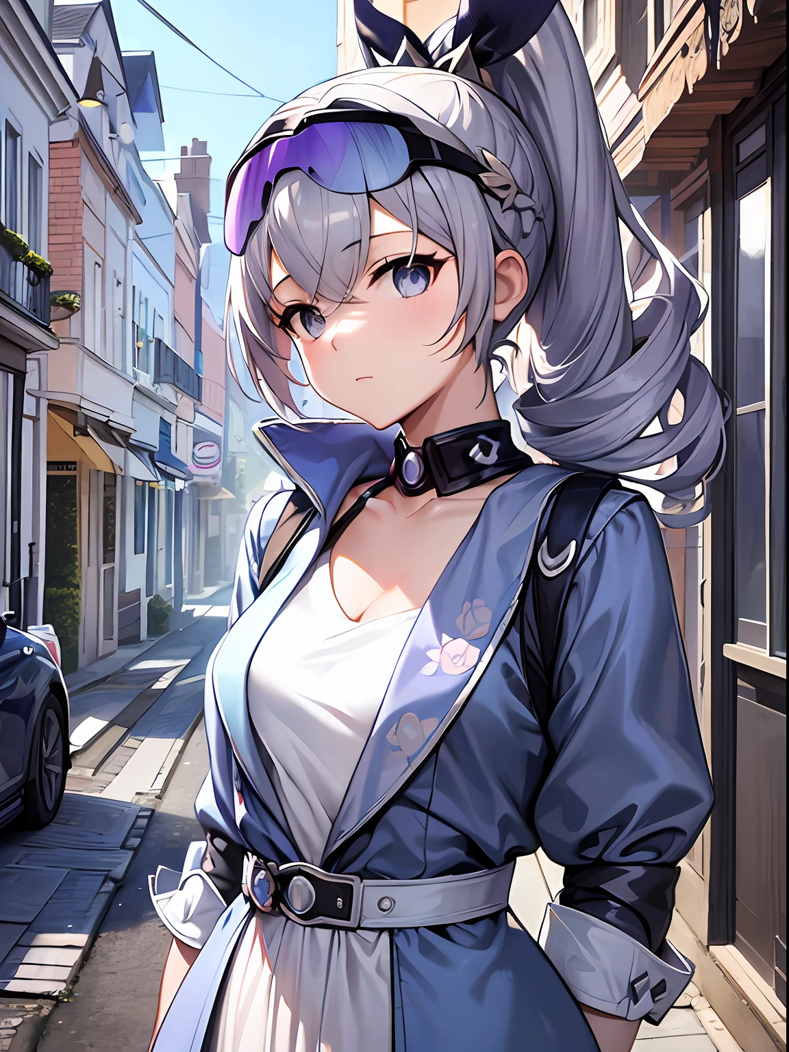 A masterpiece of exquisite beauty, the best quality, realistic painting, an anime girl with a curly ponytail, petite figure, floral dress with white suit, heartwarming, youthful and beautiful, with blue-violet gradient ski goggles, gray hair, showing a natural casual style. The dynamic stance contains the golden section, and the large aperture portrait in the frame brings a strong visual impact through cool colors. The picture has enough white space, strong contrast between light and shadow, super texture, super clear and concise picture, presenting extremely beautiful, British street scene, elegant and dignified