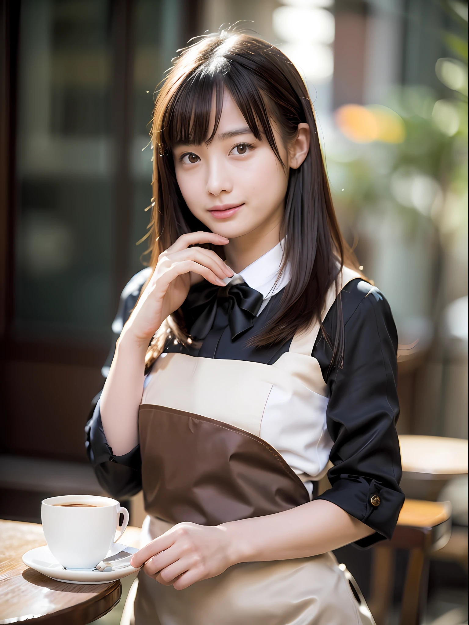 Highly detailed full body dark green apron, black bow tie, (((extreme close-up)), (pale), 18 year old perfect face girl, big breasts, girl alone, solo, (detailed face), (perfect detailed eyes: 1.1), (very detailed skin: 1.1), sliver necklace, slim, skinny, thin, skinny, skinny, handsome, waiter, perfect athletic body, white shirt, Model Shoot Style, Professional Photo, Photorealistic, Cinematic, Realistic, Sunset, Cafe Background, Real Human Skin, (Detailed Skin Pore), Highly Detailed Eyes, Detailed Skin, Skin Texture, Intricately Detailed, Fine Detail, Raw, Analog, Sharp Focus, Raw, 8K UHD, High Resolution, DSLR, High Quality, Fujifilm XT3, Award-Winning, Masterpiece, Cafe, cappuccino, landscape making latte art, (high definition skin: 1.4), (RAW photo, highest quality), (realistic, photorealistic: 1.7), smile, cute pose, heart with fingers, --s2