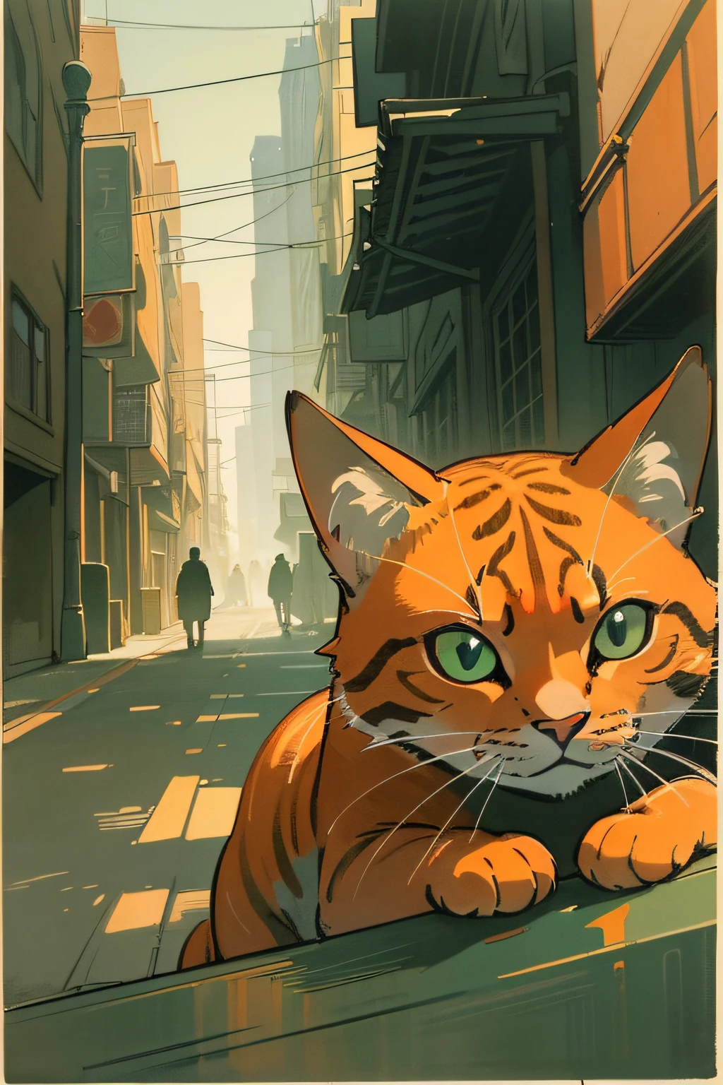 (masterpiece), (best quality), (best detail), (worn paper borders), (dynamic point of view), (main color of the illustration: red), (secondary color: dark green), an orange cat (very detailed face), city scenery, dusk (volume light), shading (detailed, quality), old photographic lighting (burned, vintage)