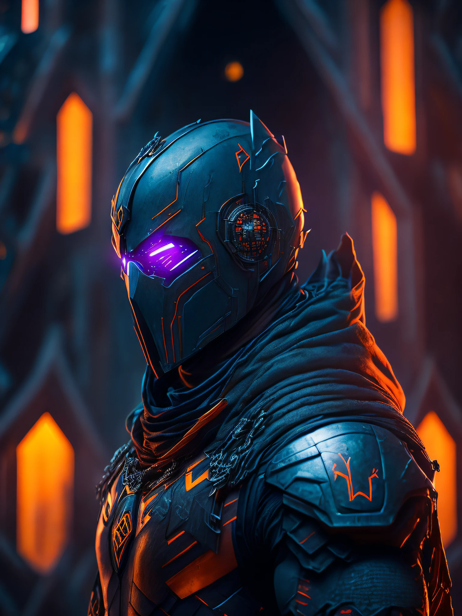 grim portrait of Deathstroke from DC with intricate angular cybernetic implants inside a brutalist building, gothic brutalist cathedral, cyberpunk, award-winning photo, bokeh, neon lights, cybernetic limb