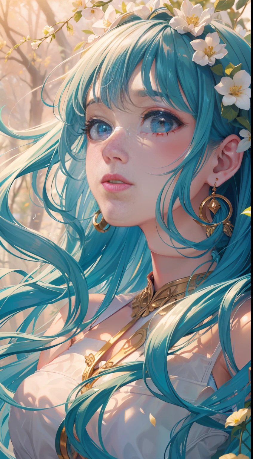 masterpiece), (best quality), (ultra-fine), (pan hair), (illustration), (1 girl), (fashion clothing), standing, fashion model, looking at the audience, (interview), (background forest), beautiful delicate eyes, delicate beauty, floating, (high saturation), (colorful splashes), colorful bubbles, (shiny), (full body) (beautiful figure), focus on face, ponytail, upper lining, light blue hair, bangs, hair ring, floating flowers, flowing hair, (shiny), Best lighting, best shadows, vistas, in the forest, with pets