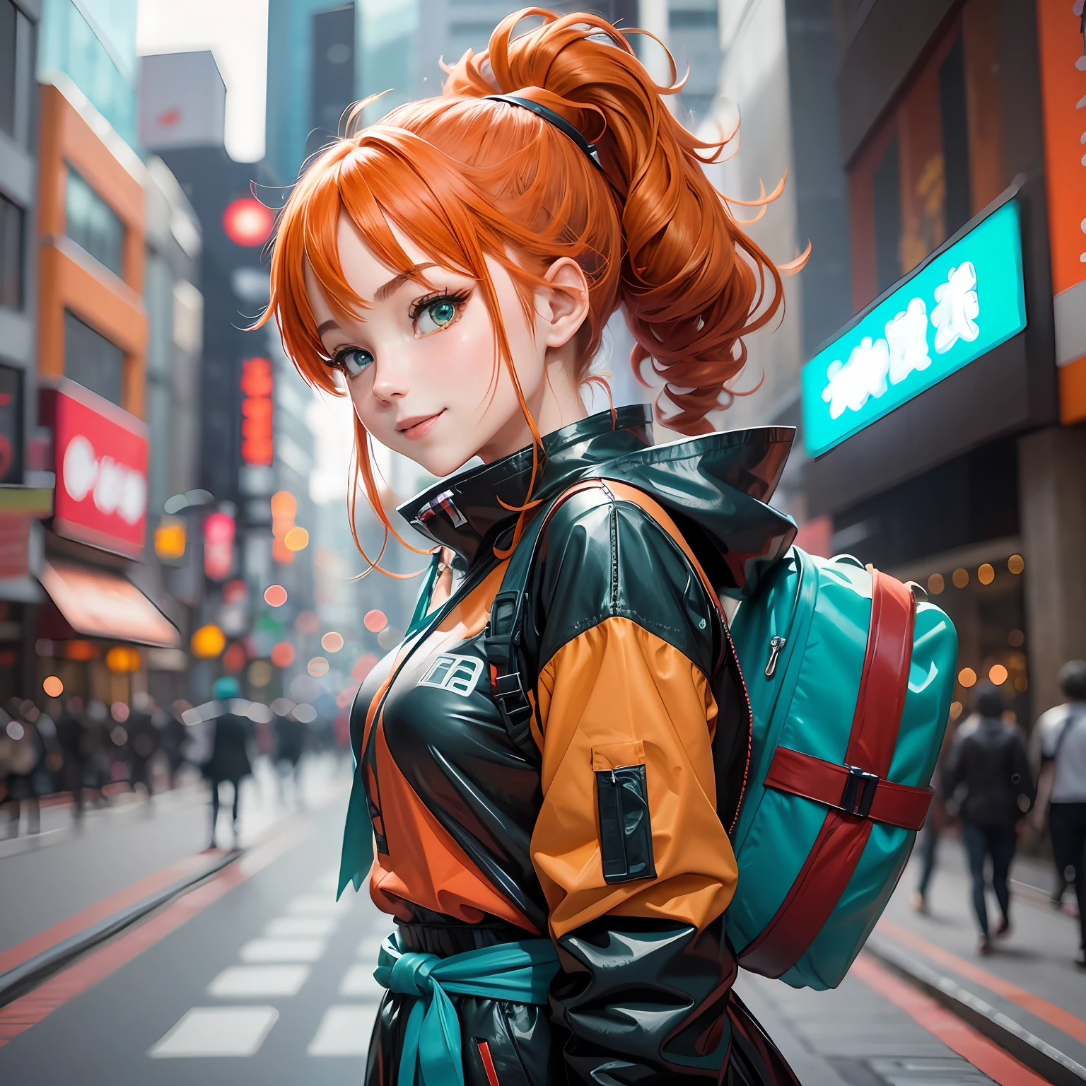Anime girl in red and black costume, near future, pretty girl with ponytail, turquoise eyes, smile and orange hair、!! Full body portrait!!、 blue-green ribbon, Shibuya --auto --s2