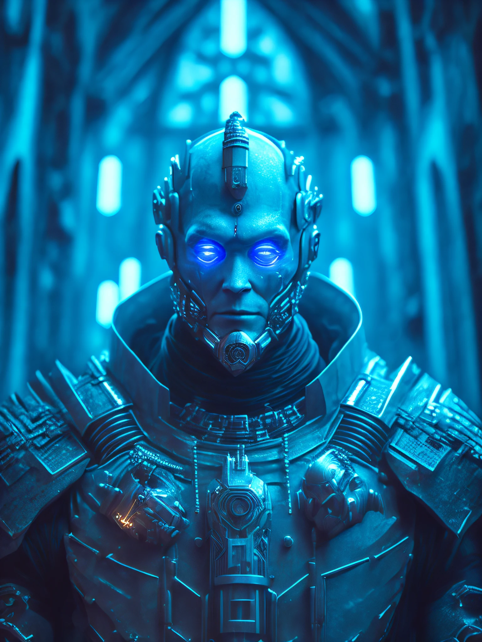 gloomy portrait of Mr. Freeze from DC with intricate angular cybernetic implants inside a brutalist building, gothic brutalist cathedral, cyberpunk, award-winning photo, bokeh, neon lights, cybernetic limb