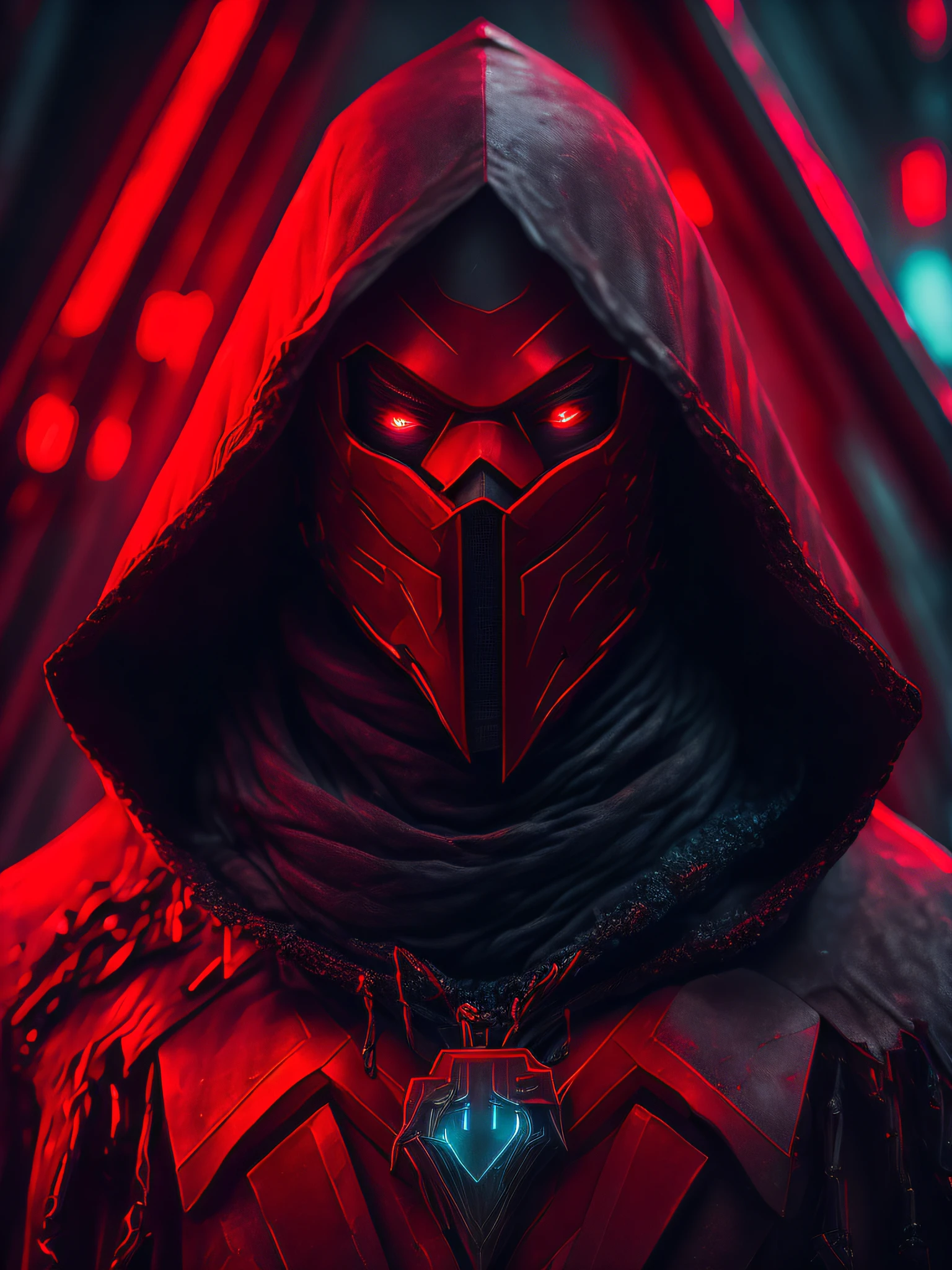 gloomy portrait of Evil Red Hood from DC with intricate angular cybernetic implants inside a brutalist building, gothic brutalist cathedral, cyberpunk, award-winning photo, bokeh, neon lights, cybernetic limb