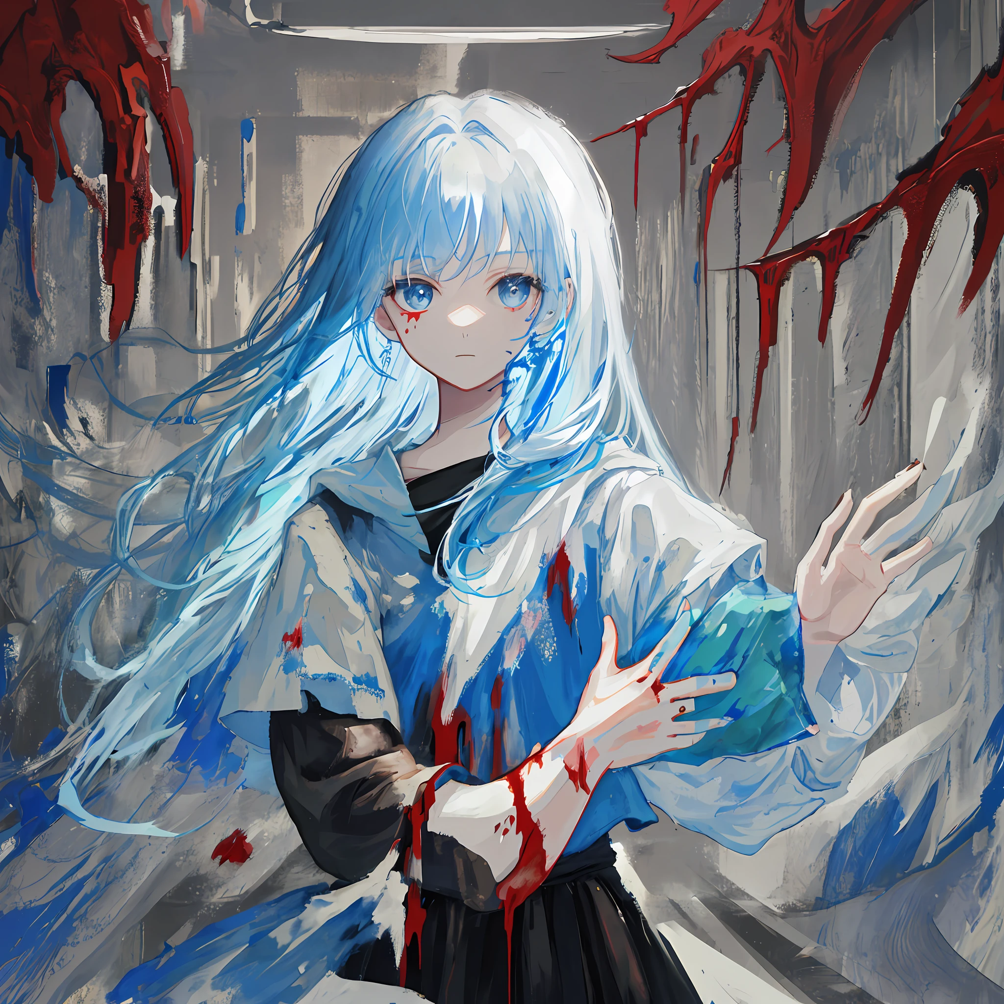 1 girl, indoors, upper body, light blue hair, blood, paintings