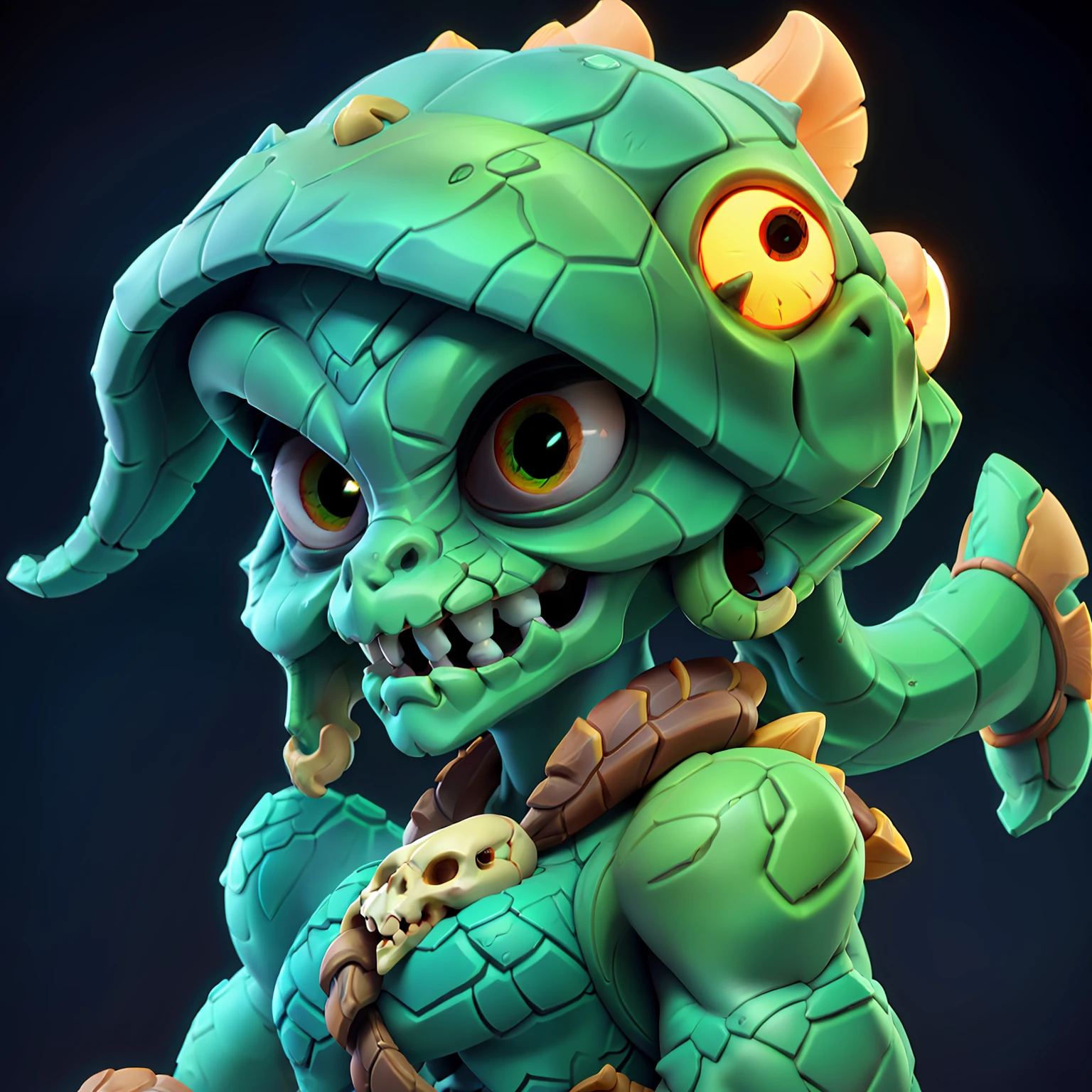Lizard Girl, (monster girl), tan scales, adorable, holding a bone, a  skull on her head, small tan tail