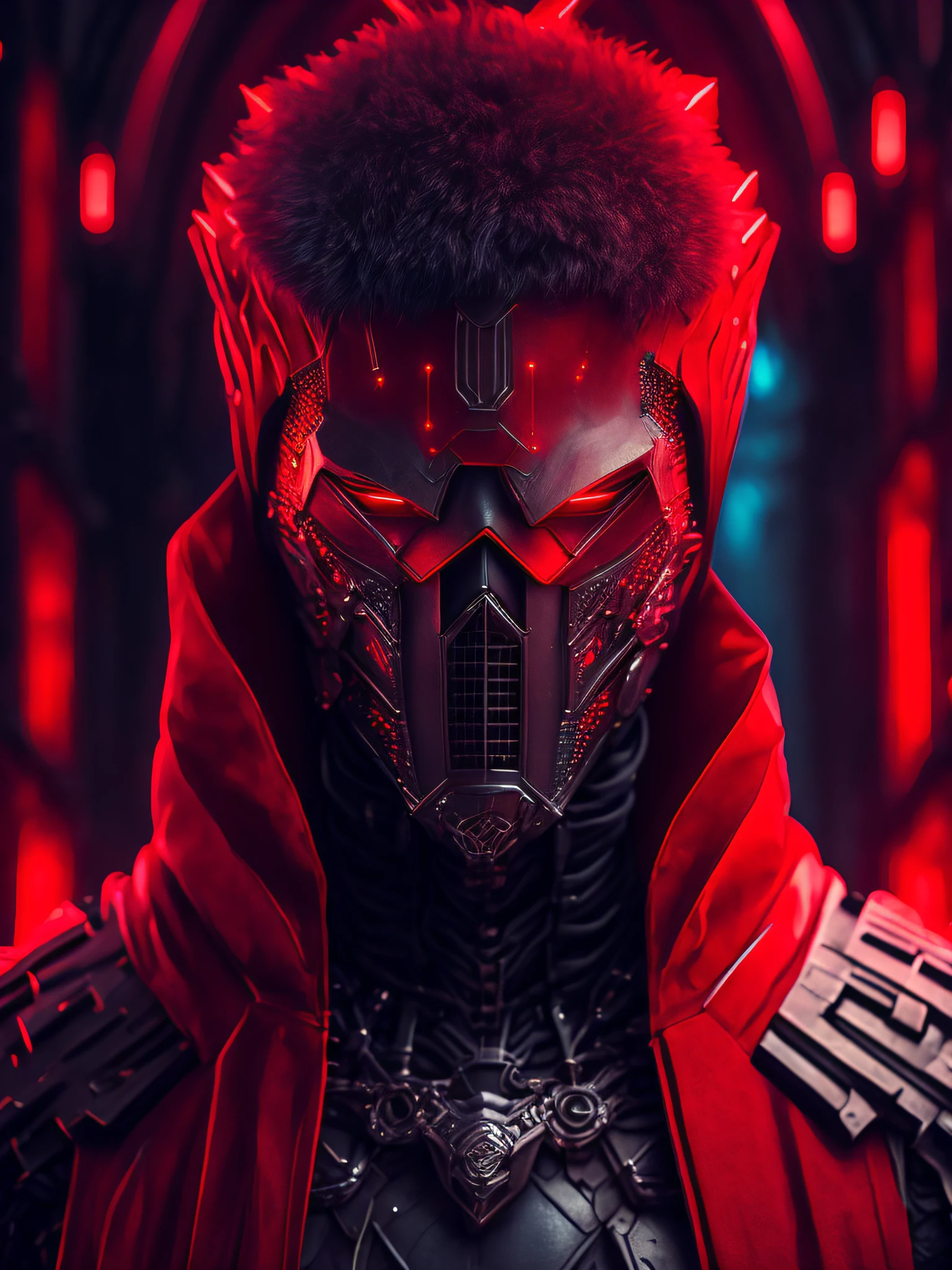 somber portrait of Terminator Red Hood from DC with intricate angular cybernetic implants inside a brutalist building, gothic brutalist cathedral, cyberpunk, award-winning photo, bokeh, neon lights, cybernetic limb