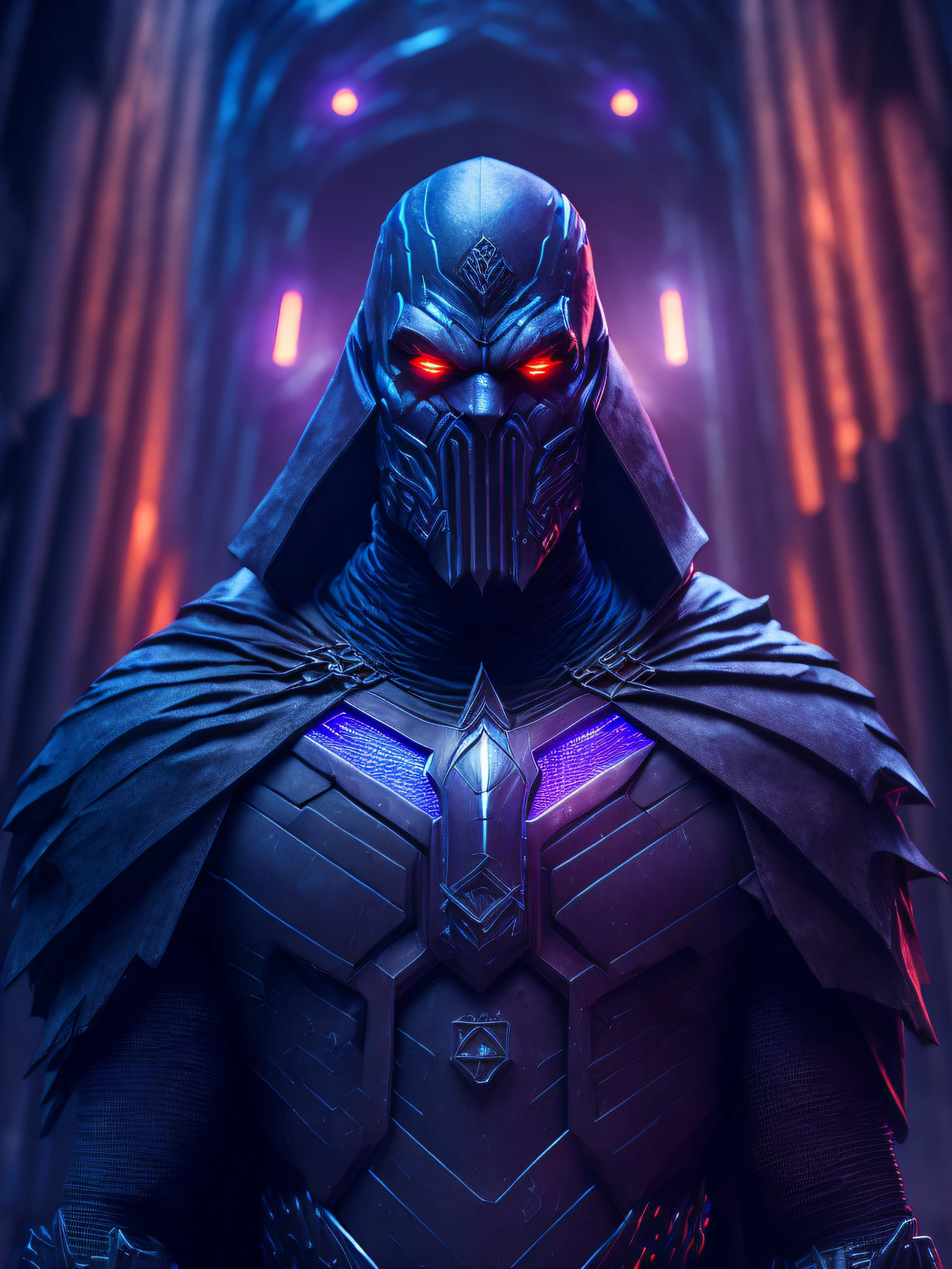 somber portrait of Evil Darkseid from DC with intricate angular cybernetic implants inside a brutalist building, gothic brutalist cathedral, cyberpunk, award-winning photo, bokeh, neon lights, cybernetic limb