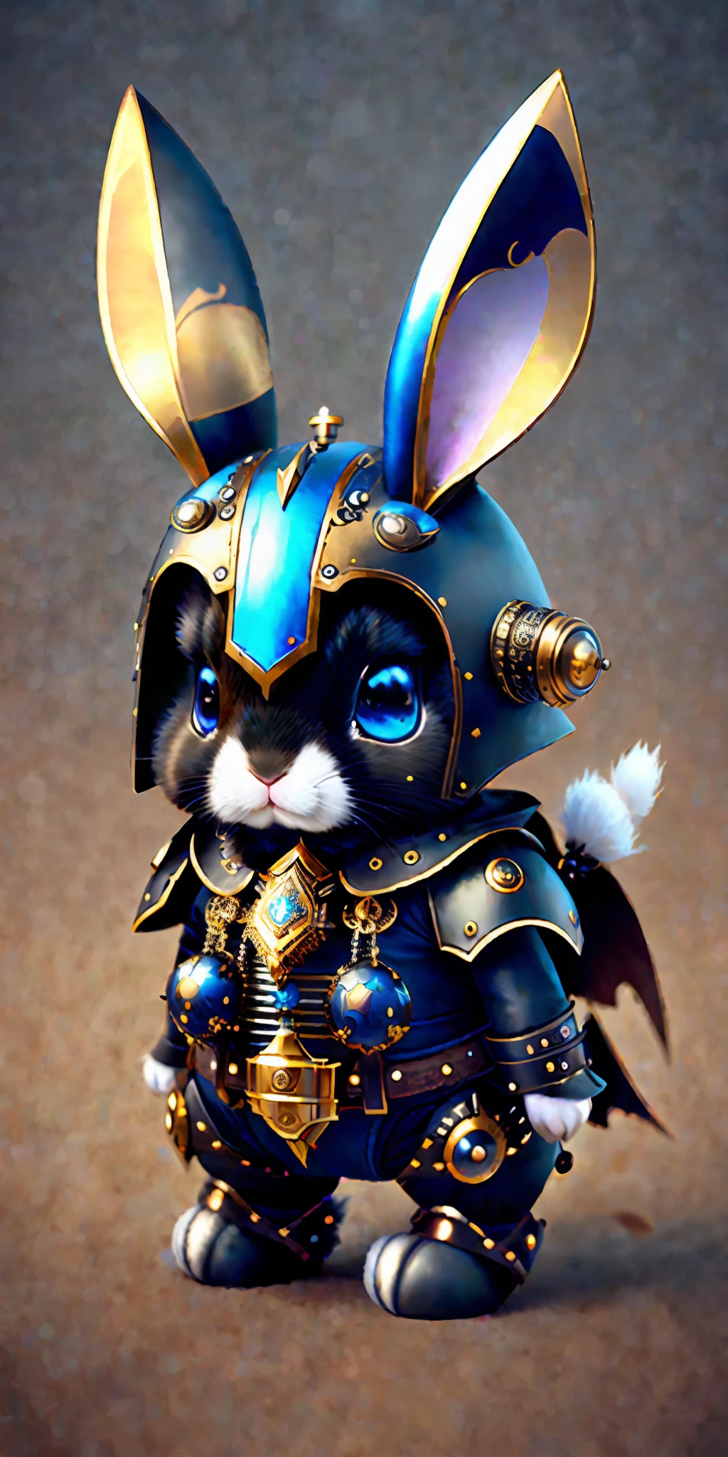 Cute bunny, shiny armor, style steampunk, ram-rabbit, 2 small broken ears, big blue eyes, black little ears, one black eye