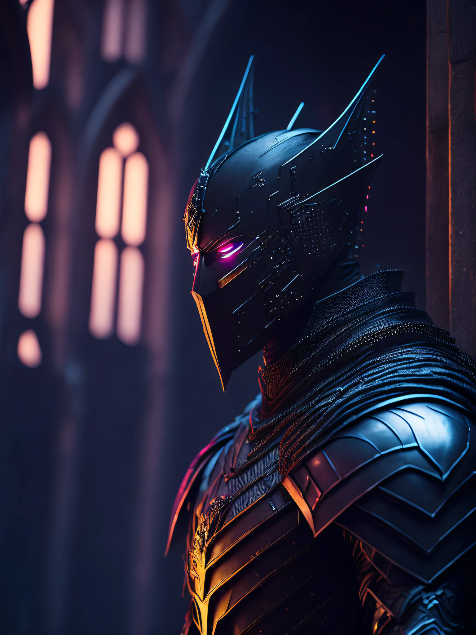 dark portrait of Black Knight from Marvel with intricate angular cybernetic implants inside a brutalist building, gothic brutalist cathedral, cyberpunk, award-winning photo, bokeh, neon lights, cybernetic limb