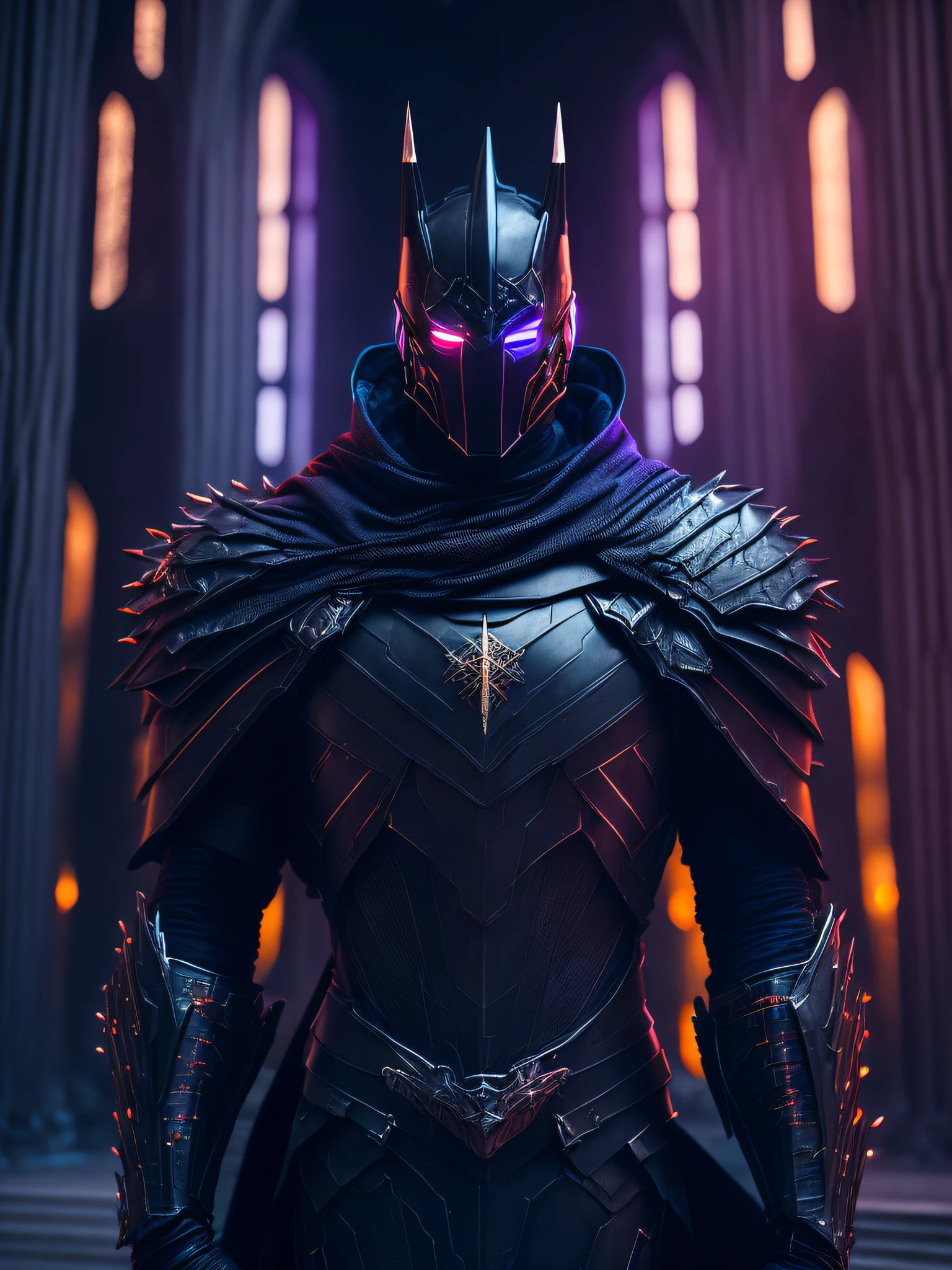 dark portrait of Black Knight from Marvel Comics with intricate angular cybernetic implants inside a brutalist building, gothic brutalist cathedral, cyberpunk, award-winning photo, bokeh, neon lights, cybernetic limb