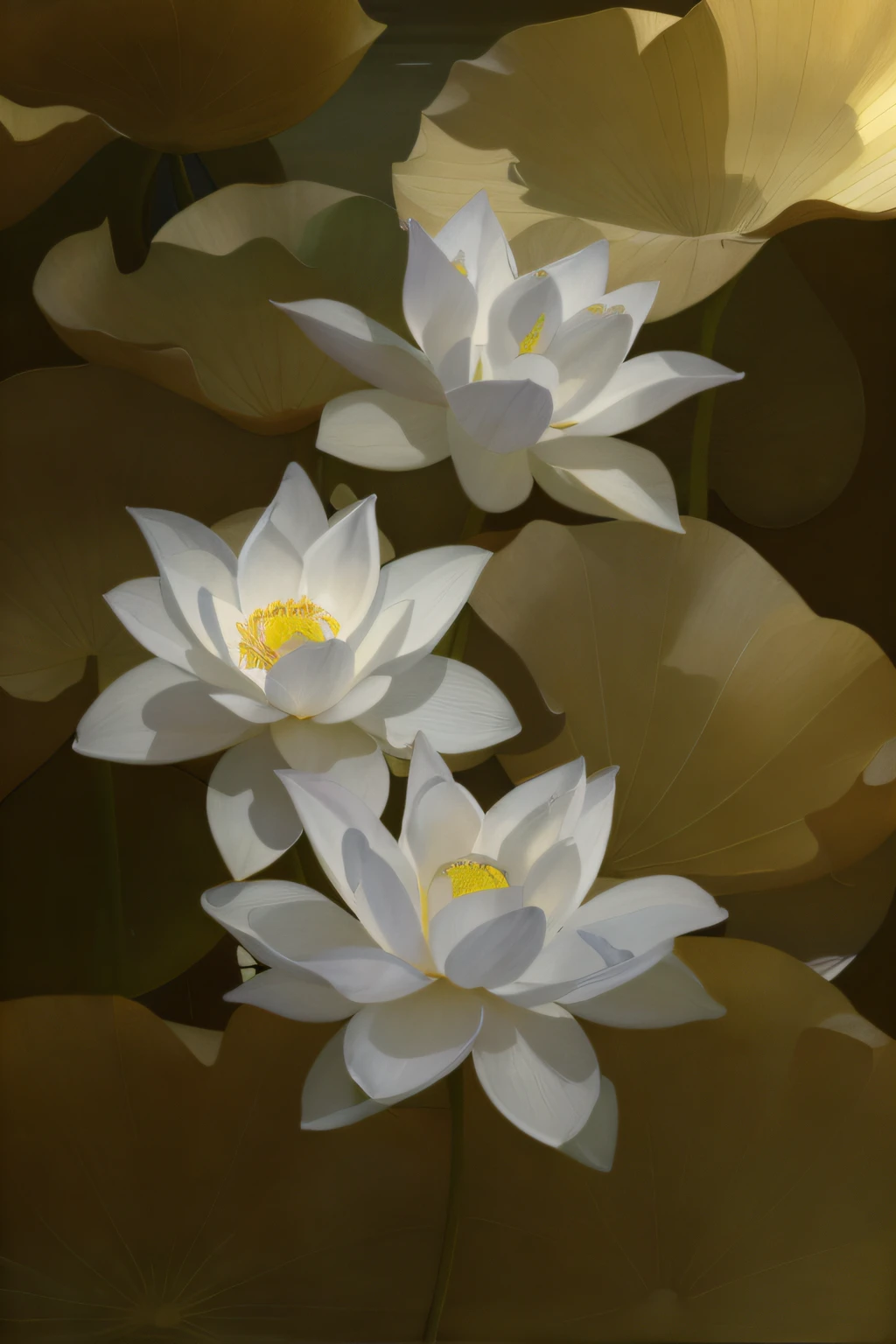 Three white flowers, lotus, lotus, lotus, lotus, lotus, soft white light, lotus petal, lily, realistic flower oil painting, white lily, lily liang, lily, Benjamin Vunuk, Wu Zhen, ji Sheng, luminous flower, water lily, Li Shan