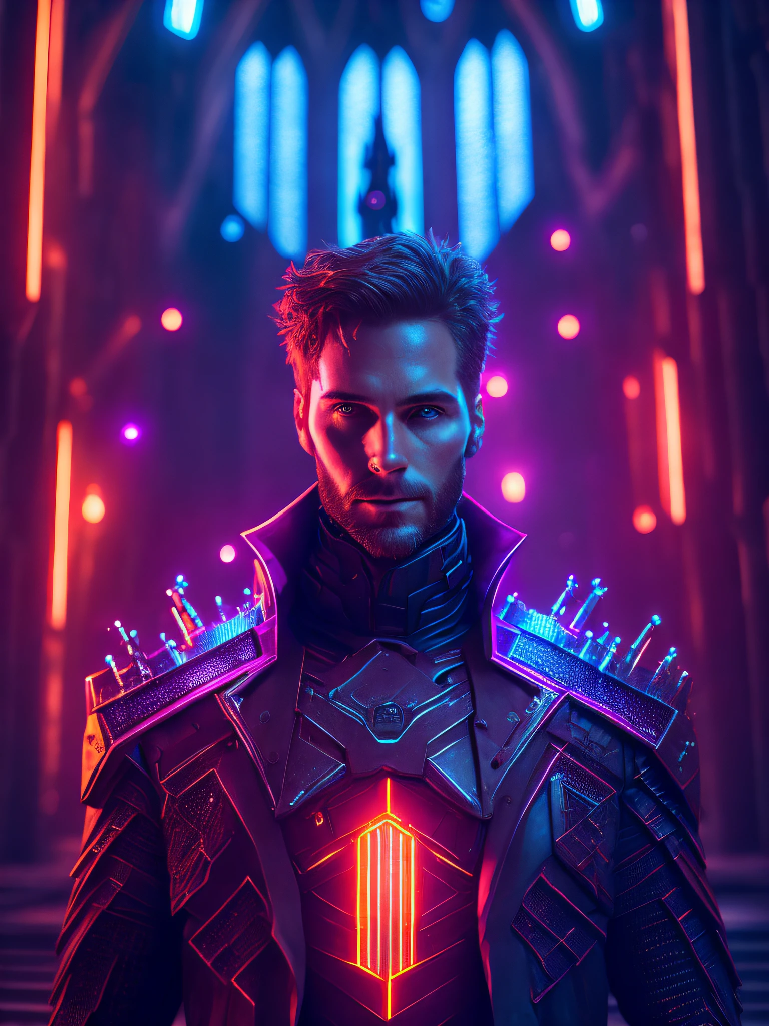 a somber portrait of Star Lord from Marvel Comics with intricate angular cybernetic implants inside a brutalist building, gothic brutalist cathedral, cyberpunk, award-winning photo, bokeh, neon lights, cybernetic limb
