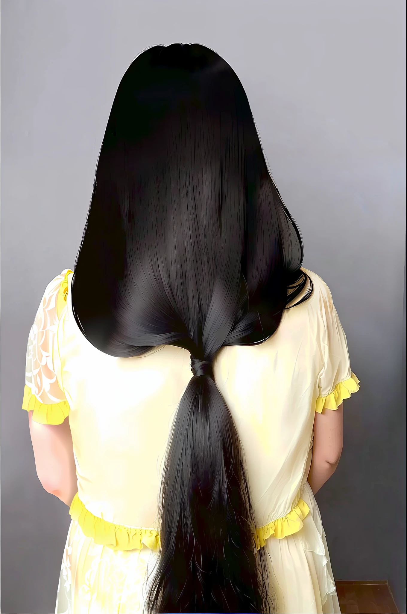 arafed woman with long black hair in a yellow dress, waist long hair, long hair girl, girl with super long hair, long flat hair, long black hair in a ponytail, very long black hair, the woman has long dark hair, asian girl with long hair, waist reaching ponytail, long elegant tail behind, female with long black hair, whole-length