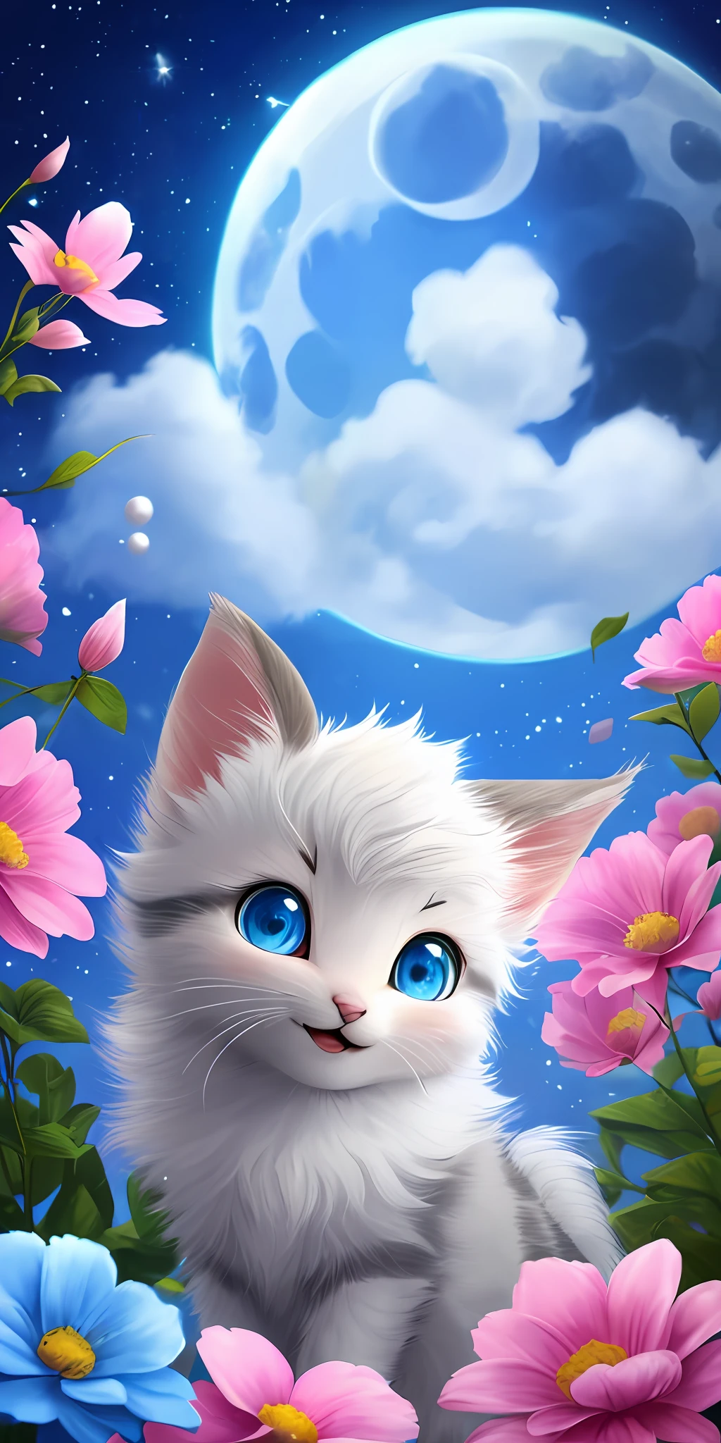 A kitten with a tiny tail, a small nose, small ears, blue eyes, pink background, flowers, vases, dreams, open mouth, smile, Caroline Chariot-Dayez pastels, tumblr, furry art, elokitty, Disney's Bambi cat, Disney's stylized furry, ears floating, fluffy tail, fluffy '', fluffy !!!, high resolution, furry art!!! The moon, small in size