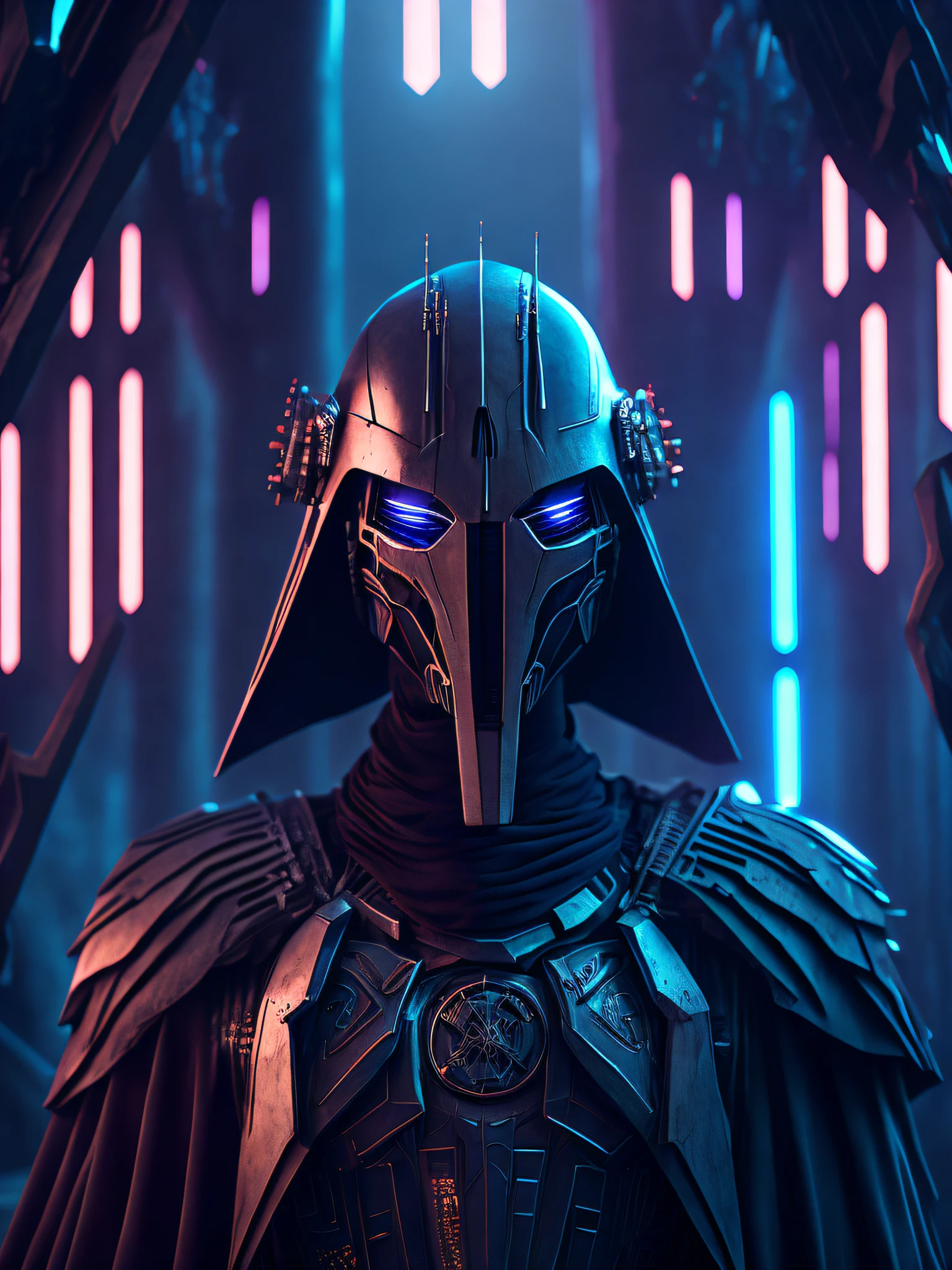 a somber portrait of General Grievous from Star Wars with intricate angular cybernetic implants inside a brutalist building, a gothic brutalist cathedral, cyberpunk, award-winning photos, bokeh, neon lights, cybernetic limb