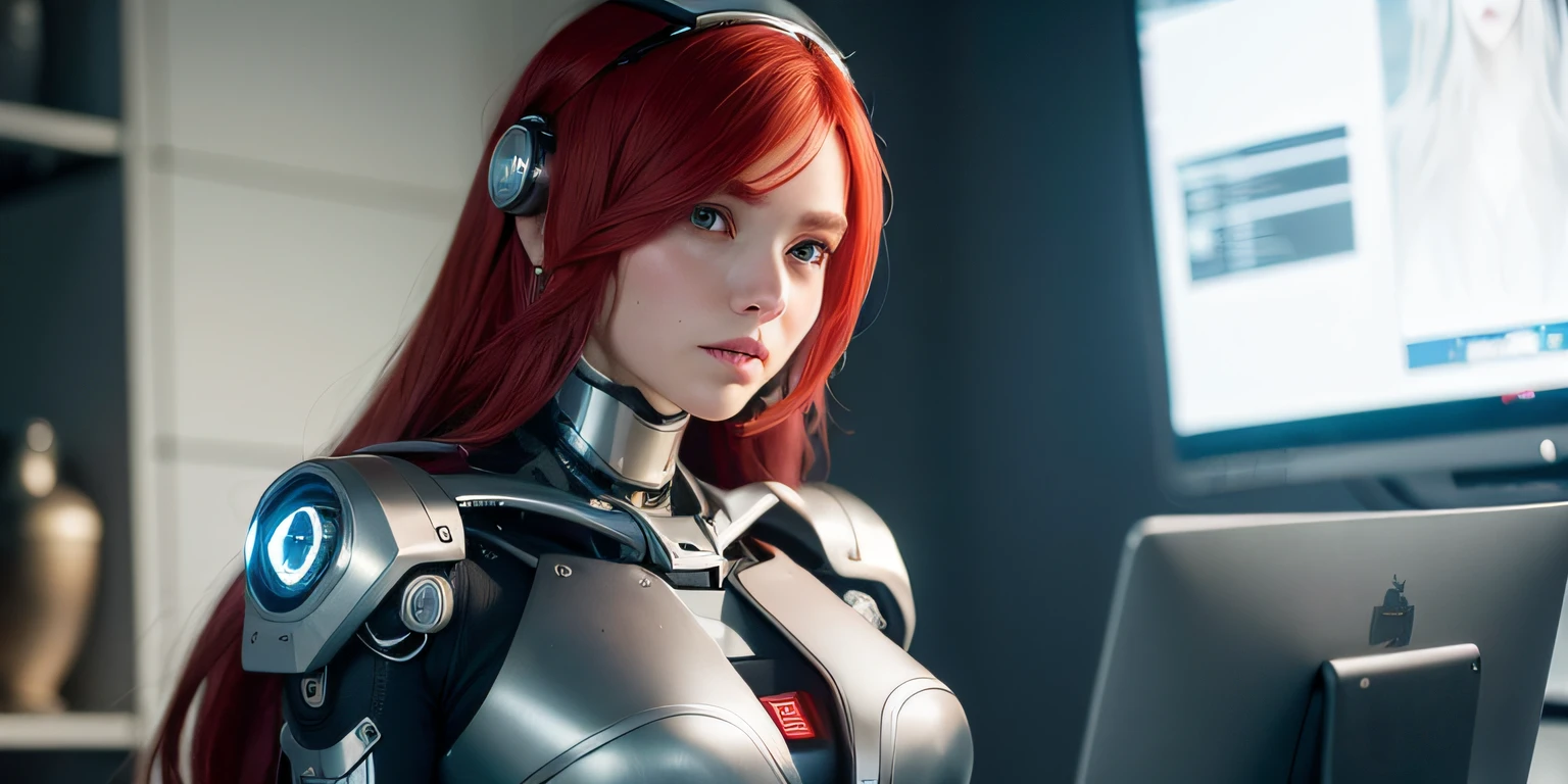 (((1girl,staight long shinning red hair,Plump long hair,cyborg,sslim, elegant,robotic parts))),complex 3d render ultra detailed of a beautiful porcelain profile woman android face,looking at viewer, smile, full body,, 150 mm,((computer warning screen background)), beautiful studio soft light, rim light, vibrant details, luxurious cyberpunk, lace, hyperrealistic, anatomical, facial muscles, cable electric wires, microchip, elegant, beautiful background, octane render, H. R. Giger style, 8k, best quality, masterpiece, illustration, an extremely delicate and beautiful, extremely detailed ,CG ,unity ,wallpaper, (realistic, photo-realistic:1.37),Amazing, finely detail, masterpiece,best quality,official art, extremely detailed CG unity 8k wallpaper, absurdres, incredibly absurdres, robot, silver halmet