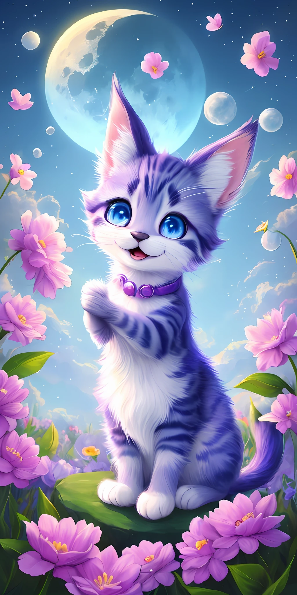 A kitten with a small tail, a small nose, small ears, blue eyes, purple background, flowers, vases, dreams, open mouth, smile, Caroline Chariot-Dayez pastels, tumblr, furry art, elokitty, Disney's Bambi, Disney's styled furry, ears floating, fluffy tail, fluffy '', fluffy !!!, high resolution, furry art!!! The moon, small in size