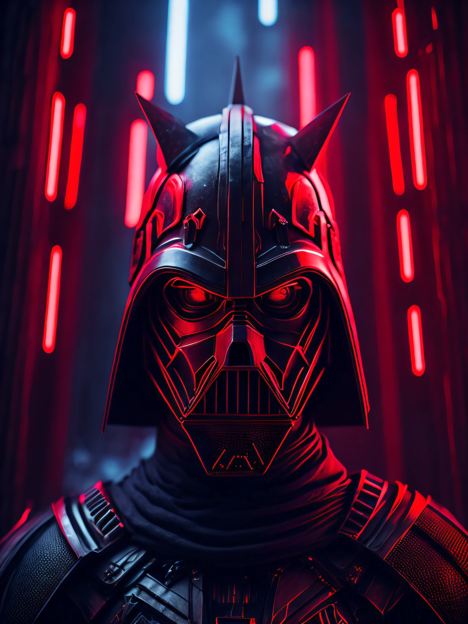 a somber portrait of Darth Maul from Star Wars with intricate angular cybernetic implants inside a brutalist building, a gothic brutalist cathedral, cyberpunk, award-winning photos, bokeh, neon lights, cybernetic limb