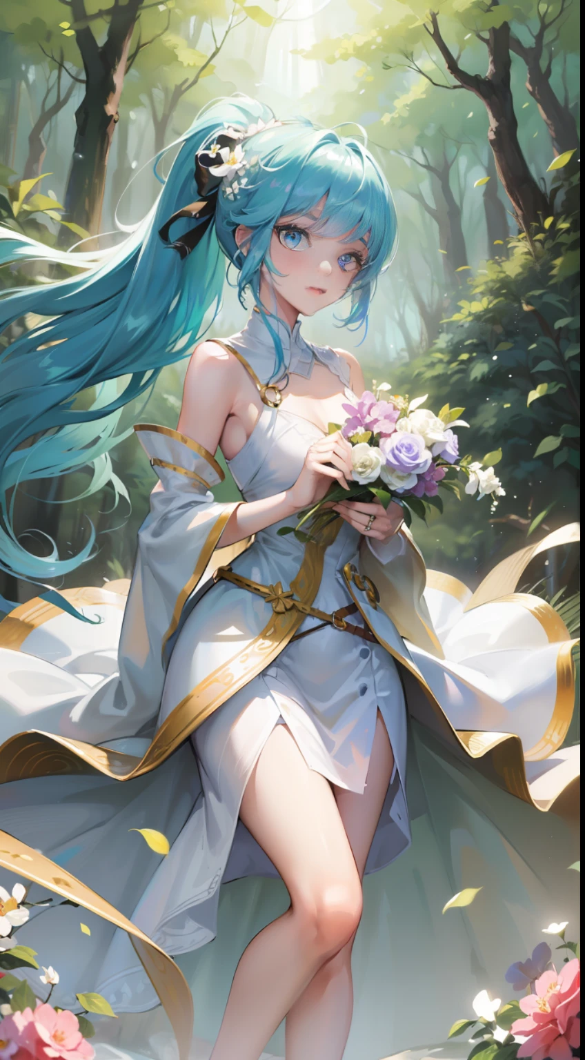 masterpiece), (best quality), (ultra-fine), (pan hair), (illustration), (1 girl), (fashion clothing), standing, fashion model, looking at the audience, (interview), (background forest), beautiful delicate eyes, delicate beauty, floating, (high saturation), (colorful splashes), colorful bubbles, (shiny), (full body) (beautiful figure), focus on face, ponytail, upper lining, light blue hair, bangs, hair ring, floating flowers, flowing hair, (shiny), Best lighting, best shadows, vistas, in the forest, with pets