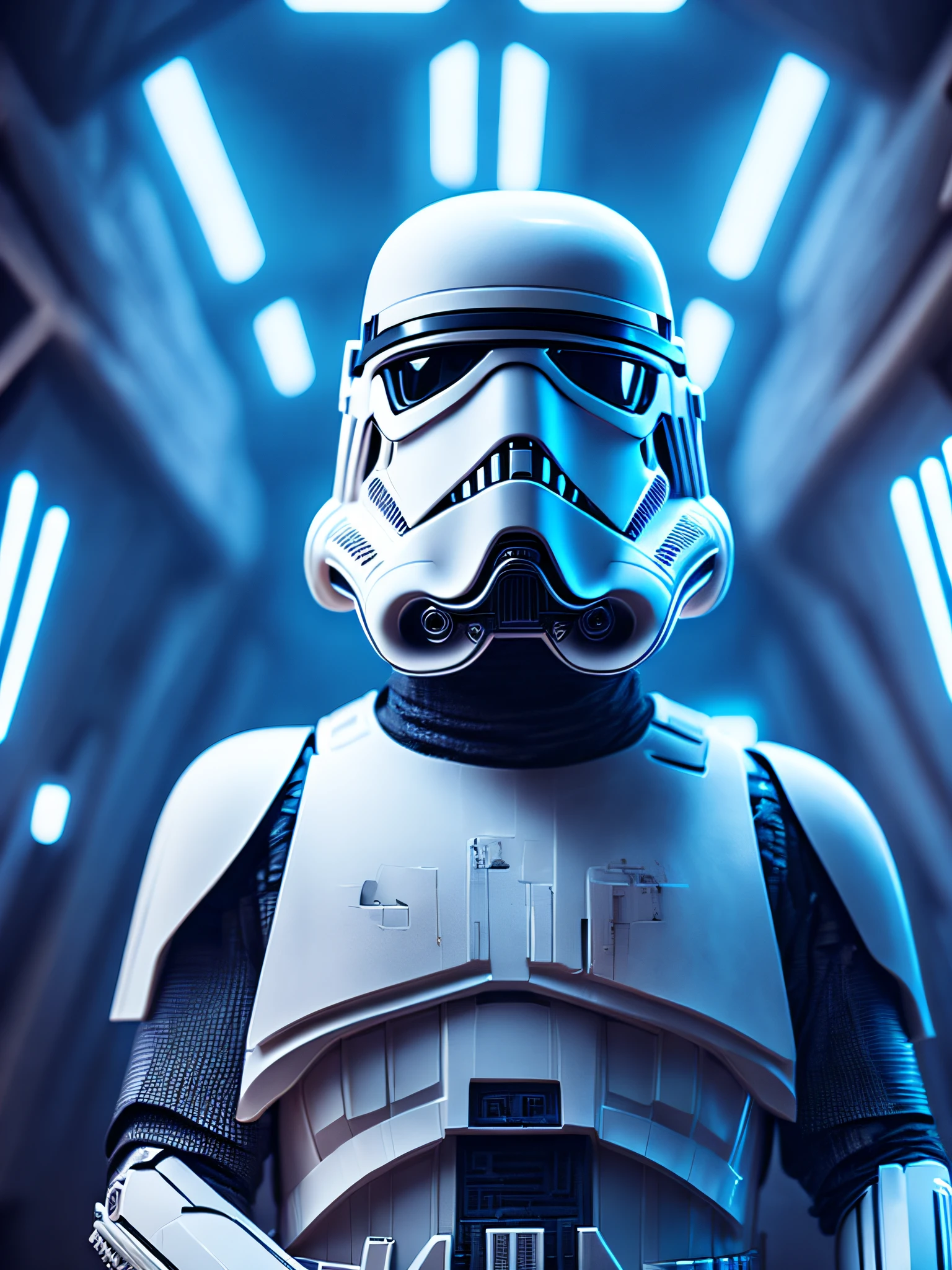 a somber portrait of stormtrooper from Star Wars with intricate angular cybernetic implants inside a brutalist building, a gothic brutalist cathedral, cyberpunk, award-winning photos, bokeh, neon lights, cybernetic limb