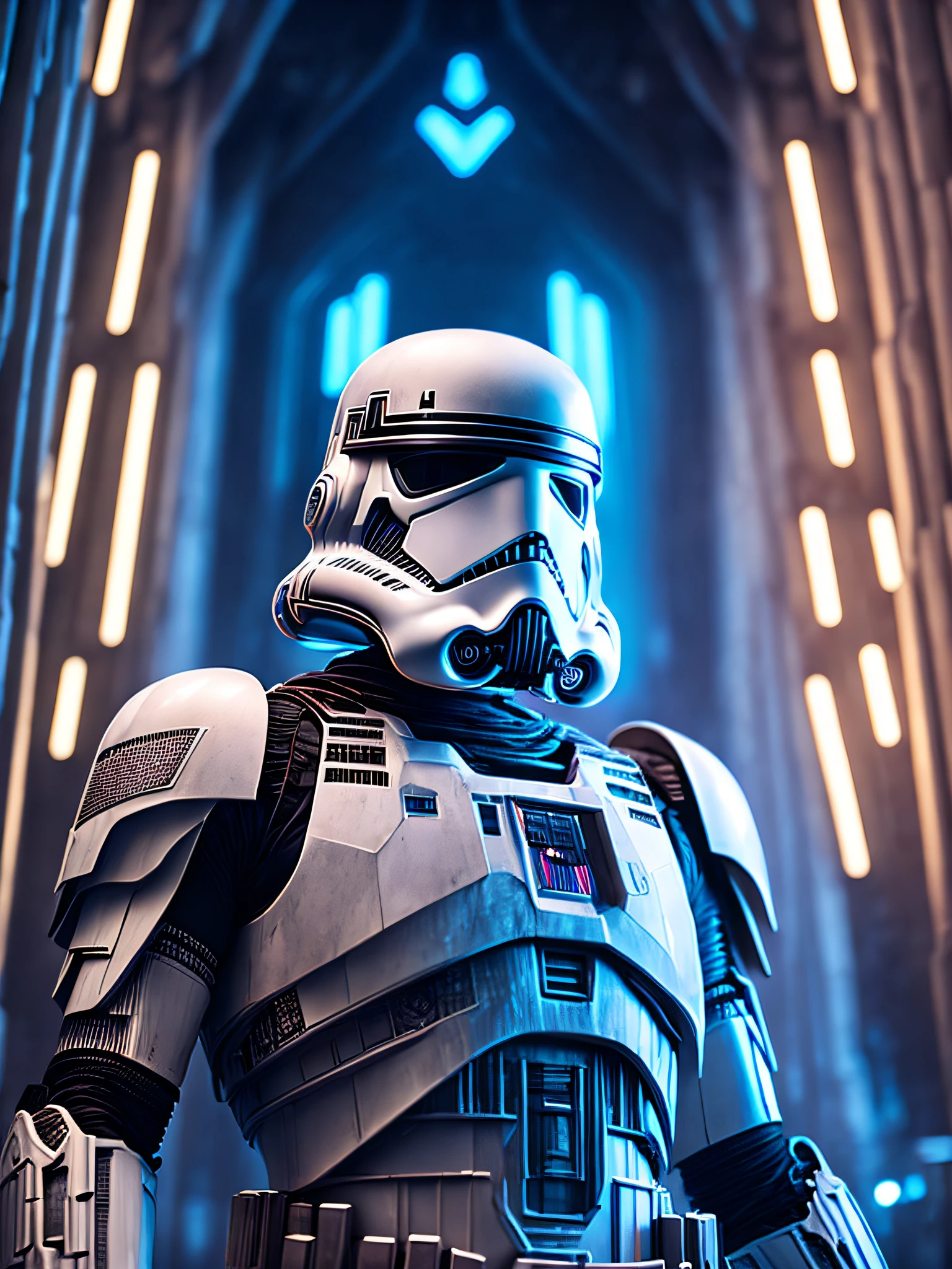 gloomy portrait of Evil Mandalorian from Star Wars with intricate angular cybernetic implants inside a brutalist building, gothic brutalist cathedral, cyberpunk, award-winning photo, bokeh, neon lights, cybernetic limb