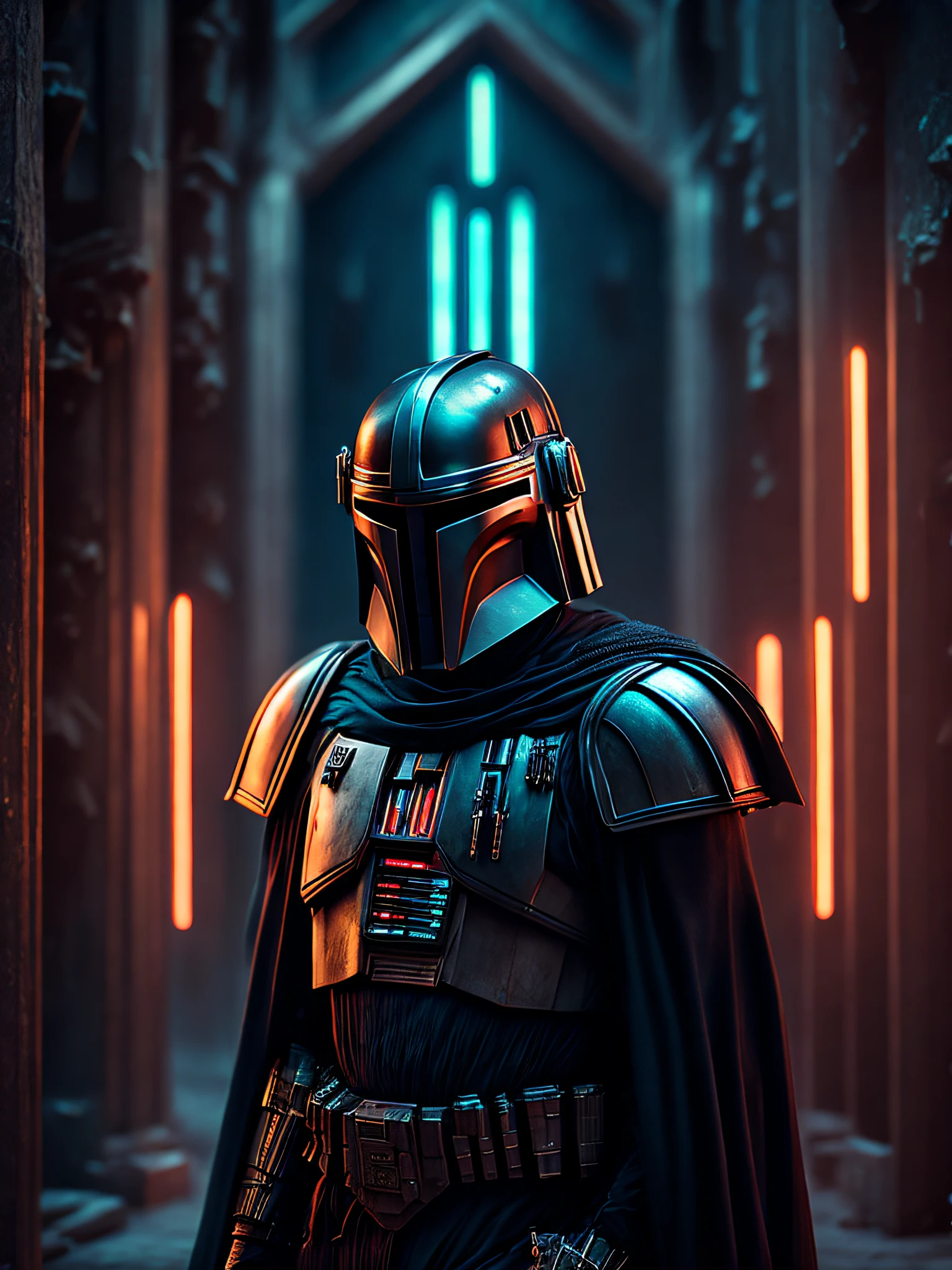 gloomy portrait of Evil Mandalorian from Star Wars with intricate angular cybernetic implants inside a brutalist building, gothic brutalist cathedral, cyberpunk, award-winning photo, bokeh, neon lights, cybernetic limb