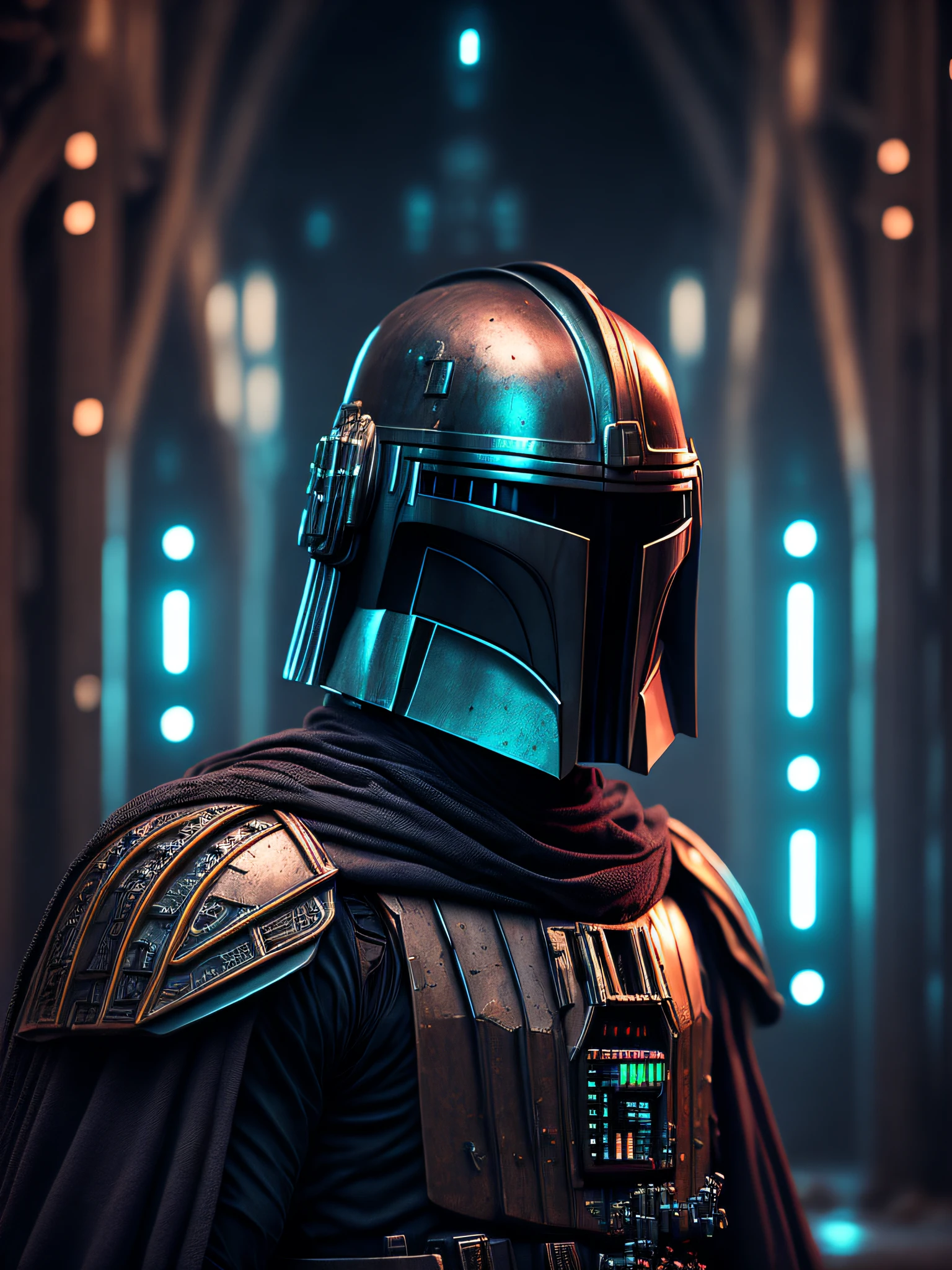 gloomy portrait of Evil Mandalorian from Star Wars with intricate angular cybernetic implants inside a brutalist building, gothic brutalist cathedral, cyberpunk, award-winning photo, bokeh, neon lights, cybernetic limb